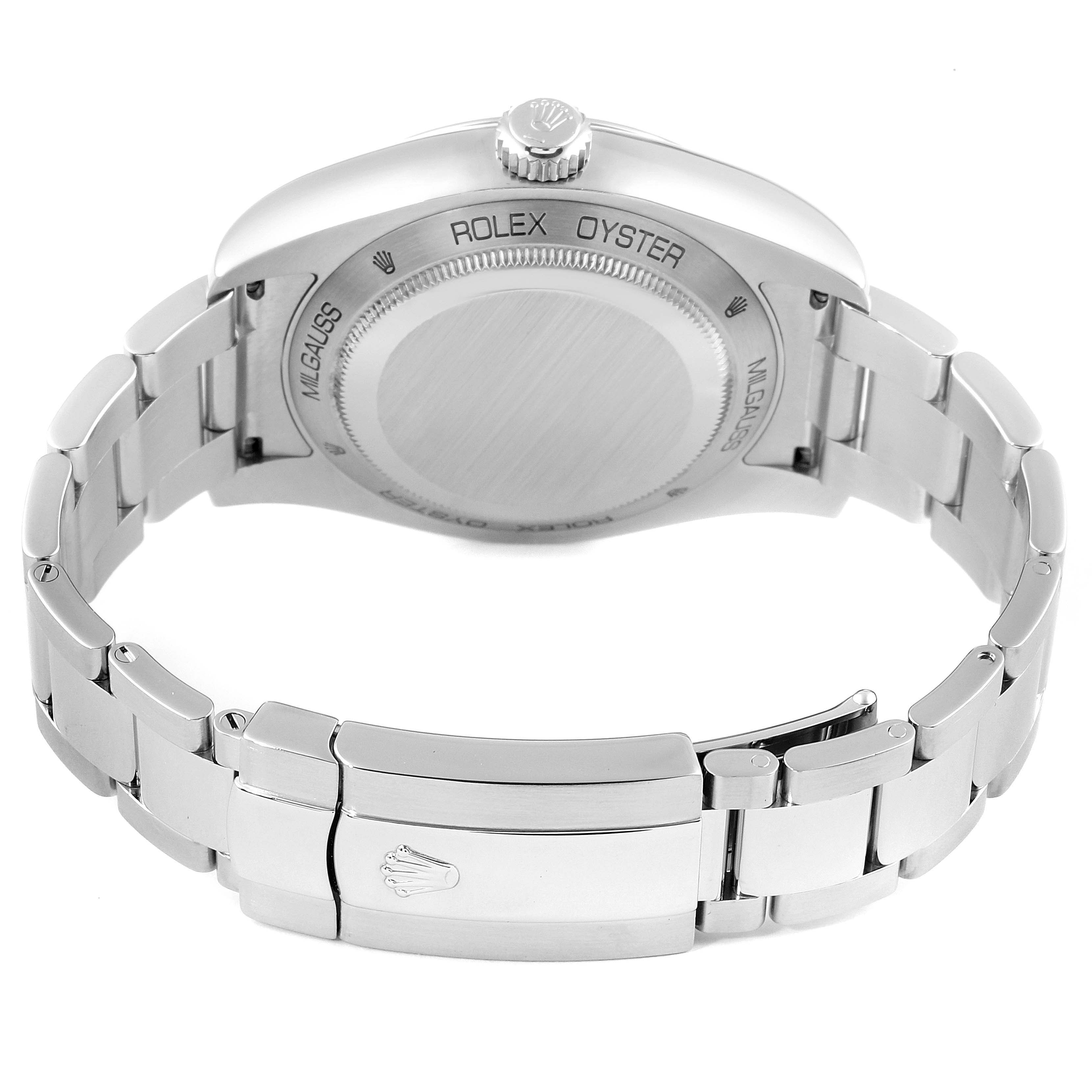 This image shows the back and bracelet clasp of a Rolex Milgauss 116400GV Men
s Stainless Steel Blue Dial 116400GV Men
s Stainless Steel Blue Dial watch.