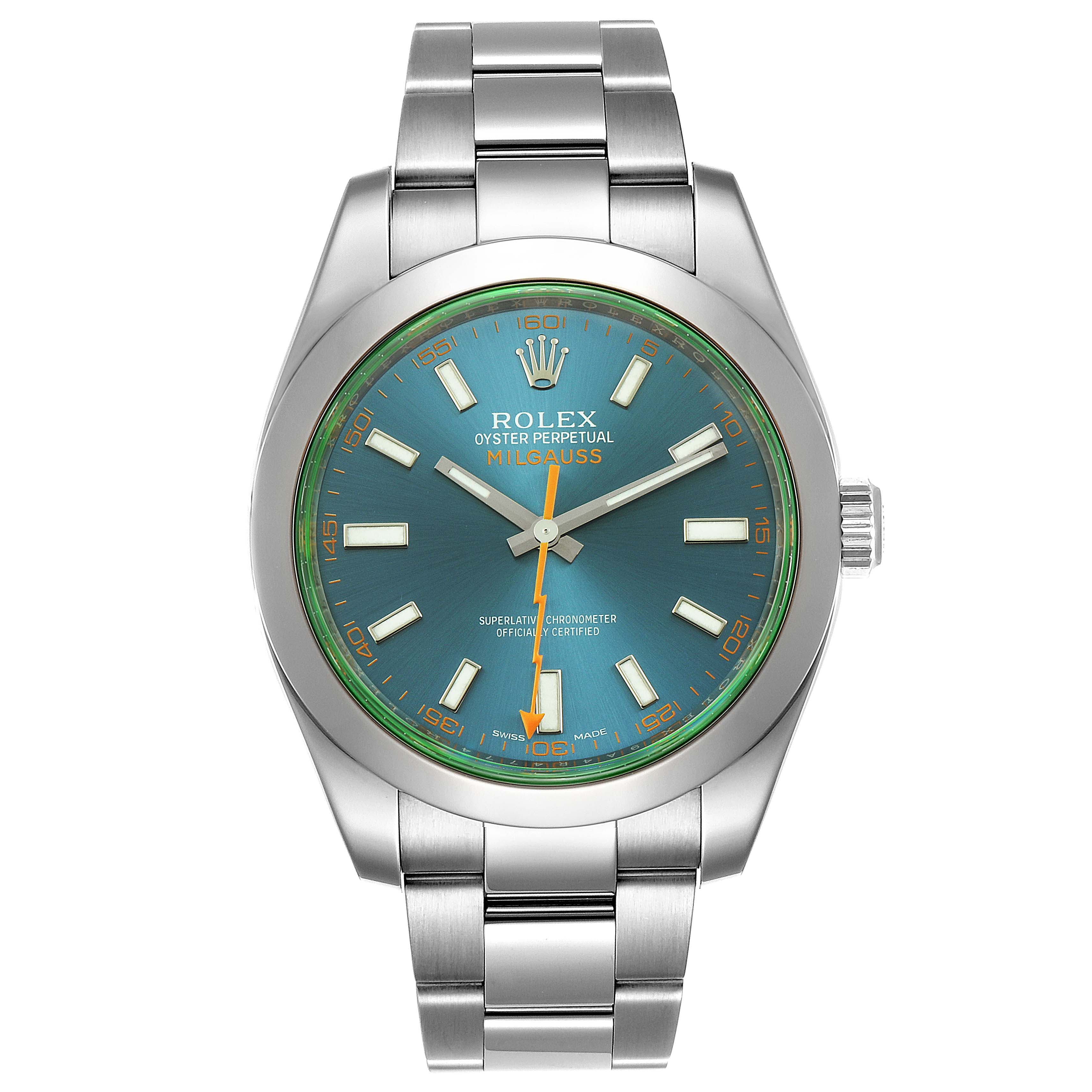 This image shows a front view of the Rolex Milgauss 116400GV Men
s Stainless Steel Blue Dial 116400GV Men
s Stainless Steel Blue Dial watch, displaying the dial, hands, bezel, case, and bracelet.