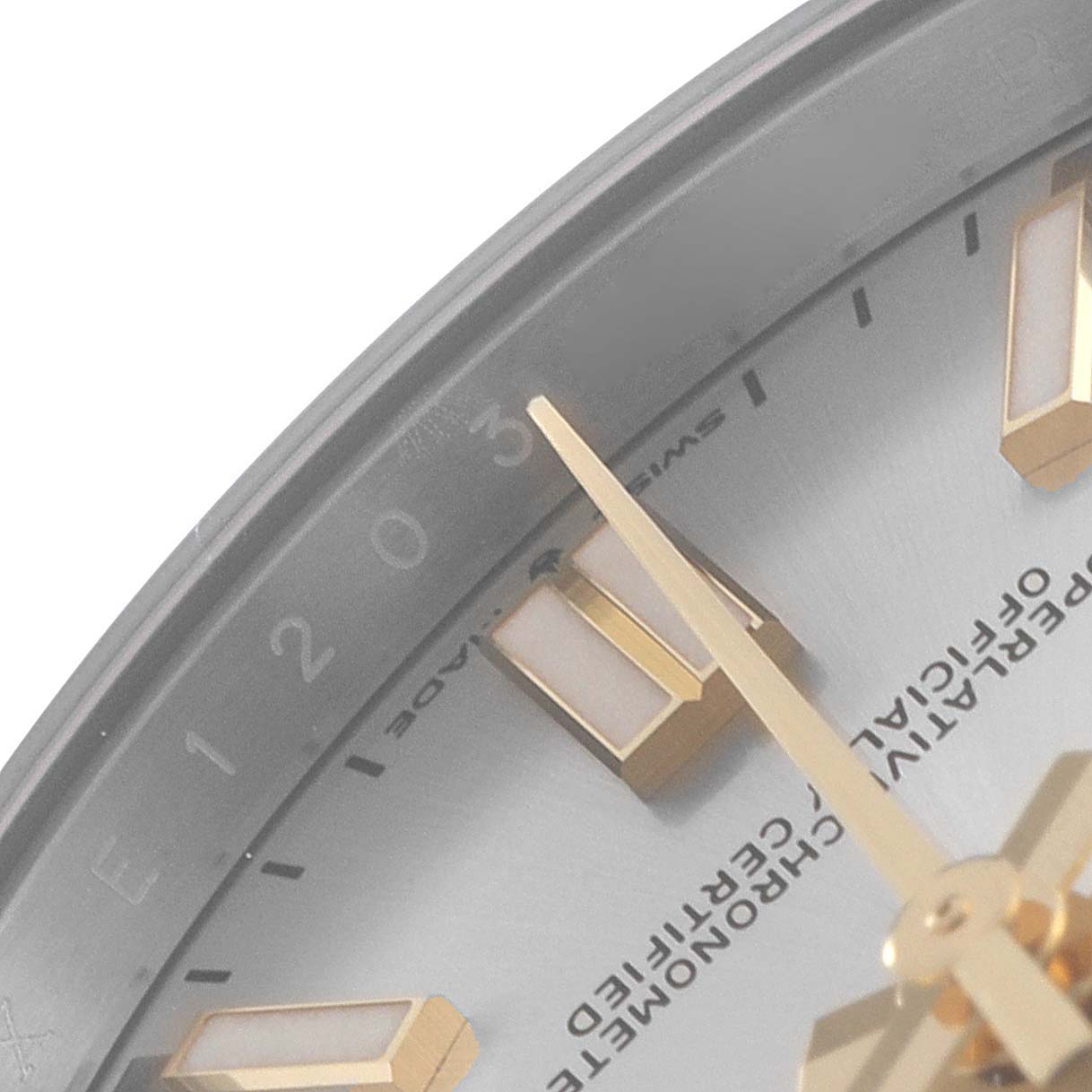 This image shows a close-up view of the dial and hands of a Rolex Oyster Perpetual 124300 Men's Stainless Steel Silver Dial 124300 Men's Stainless Steel Silver Dial watch.