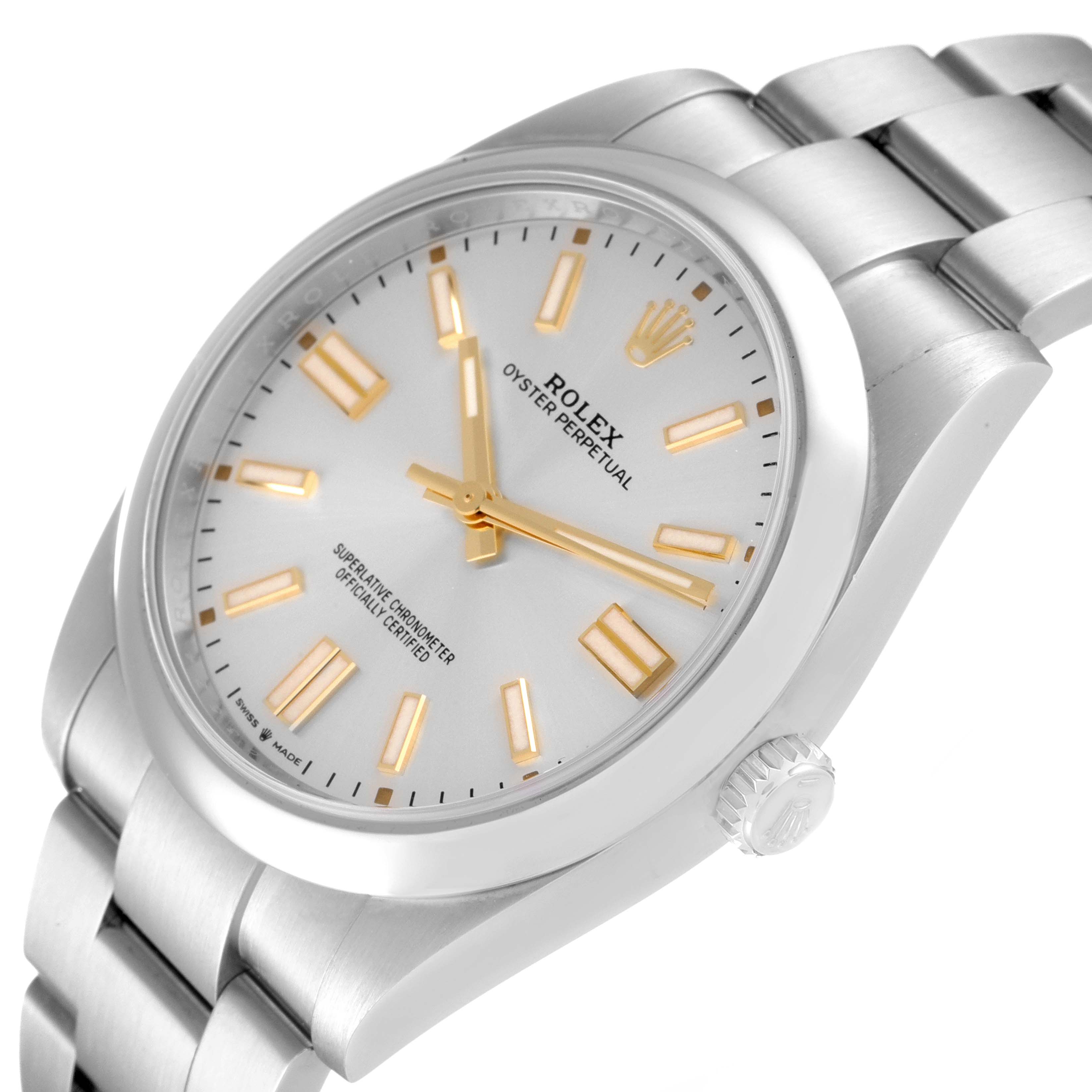 This image shows a Rolex Oyster Perpetual 124300 Men's Stainless Steel Silver Dial 124300 Men's Stainless Steel Silver Dial watch from a slightly tilted angle, highlighting the dial, bezel, crown, and part of the bracelet.