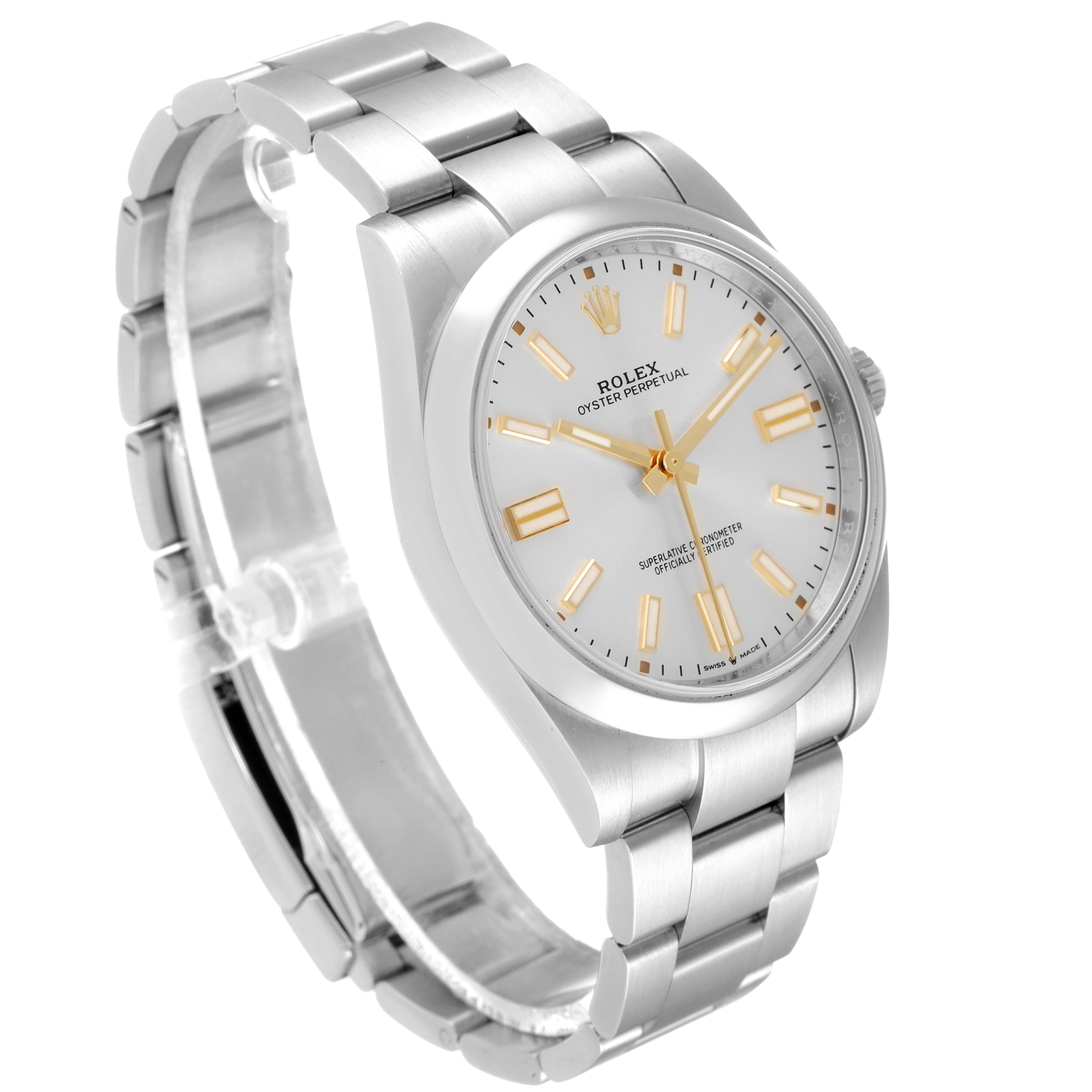 This is a Rolex Oyster Perpetual 124300 Men's Stainless Steel Silver Dial 124300 Men's Stainless Steel Silver Dial watch shown from a three-quarter angle, highlighting its face and stainless steel bracelet.