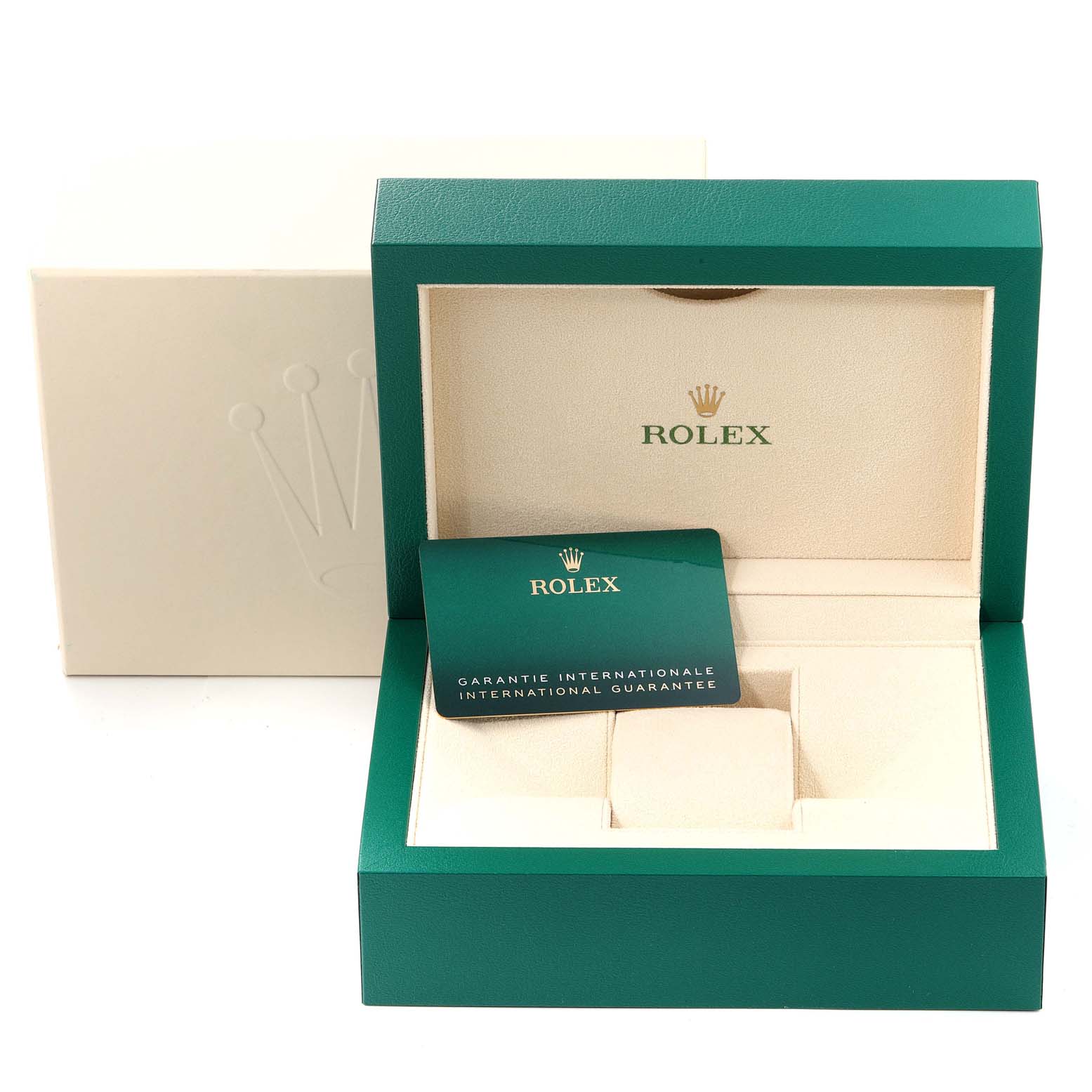 The image shows an empty open box for the Rolex Oyster Perpetual 124300 Men's Stainless Steel Silver Dial 124300 Men's Stainless Steel Silver Dial model with an international guarantee card inside.