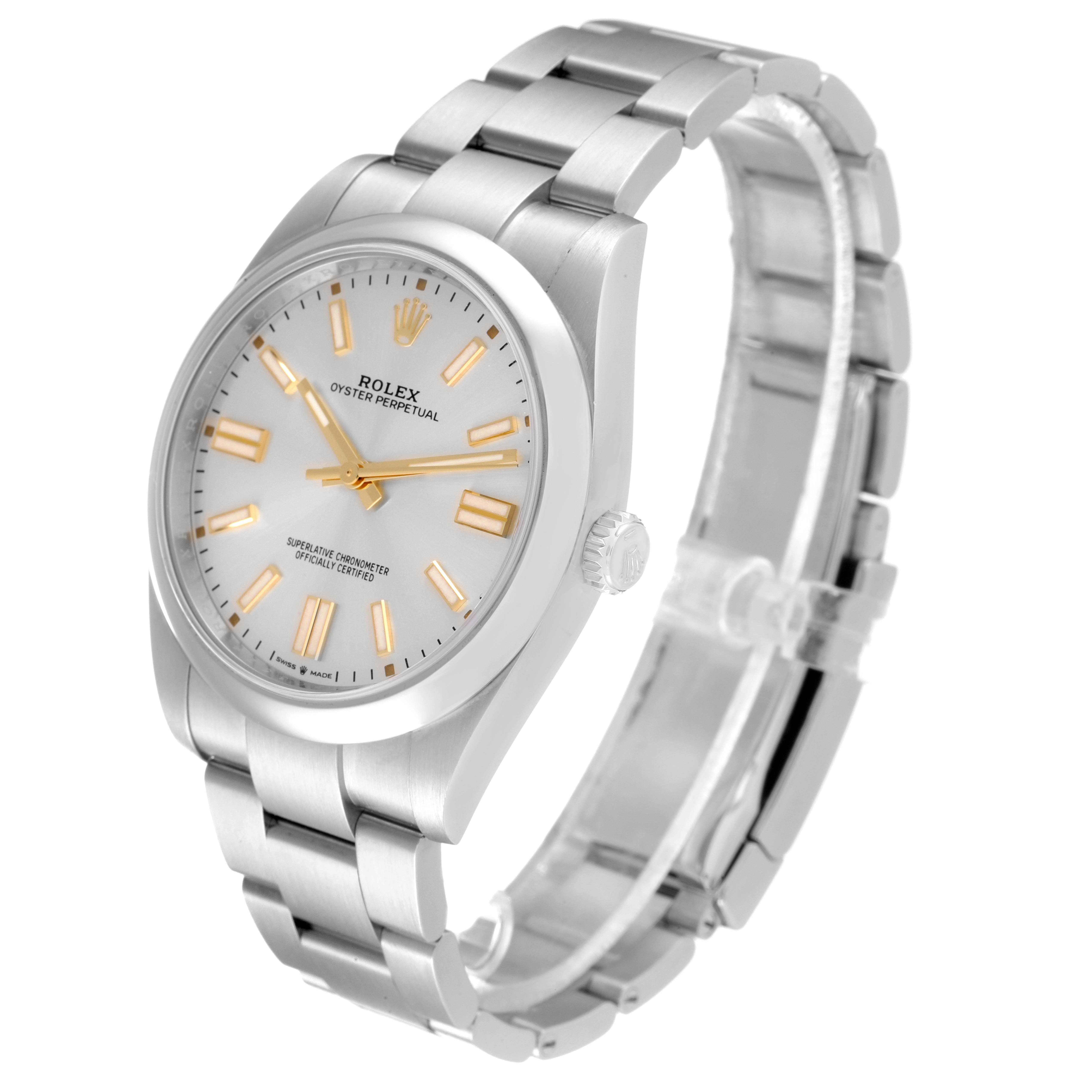 The image shows the front and side view of a Rolex Oyster Perpetual 124300 Men's Stainless Steel Silver Dial 124300 Men's Stainless Steel Silver Dial watch, showcasing its face, bezel, and bracelet.