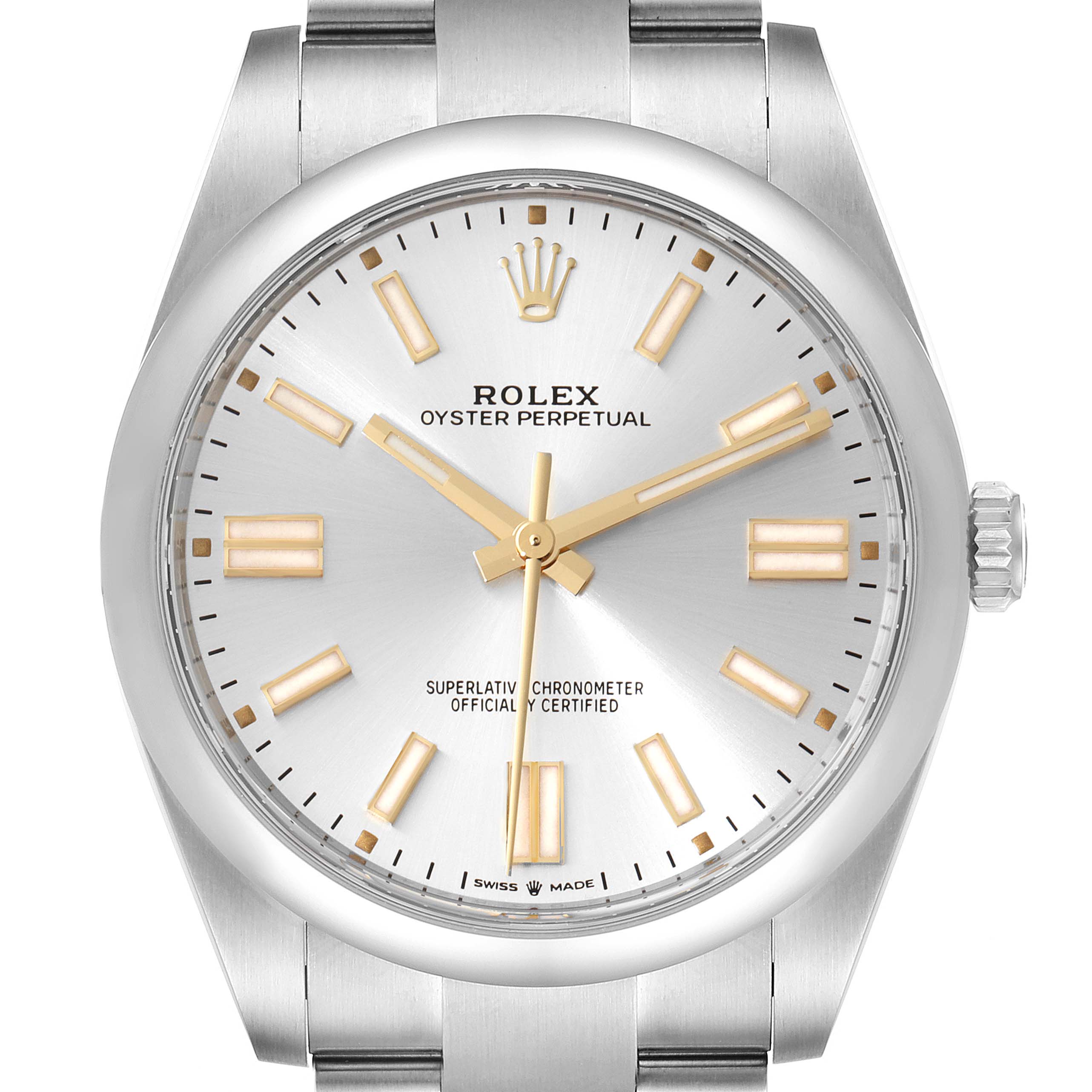 The Rolex Oyster Perpetual 124300 Men's Stainless Steel Silver Dial 124300 Men's Stainless Steel Silver Dial watch is shown from the front, displaying its silver dial, gold hour markers, and stainless steel bracelet.