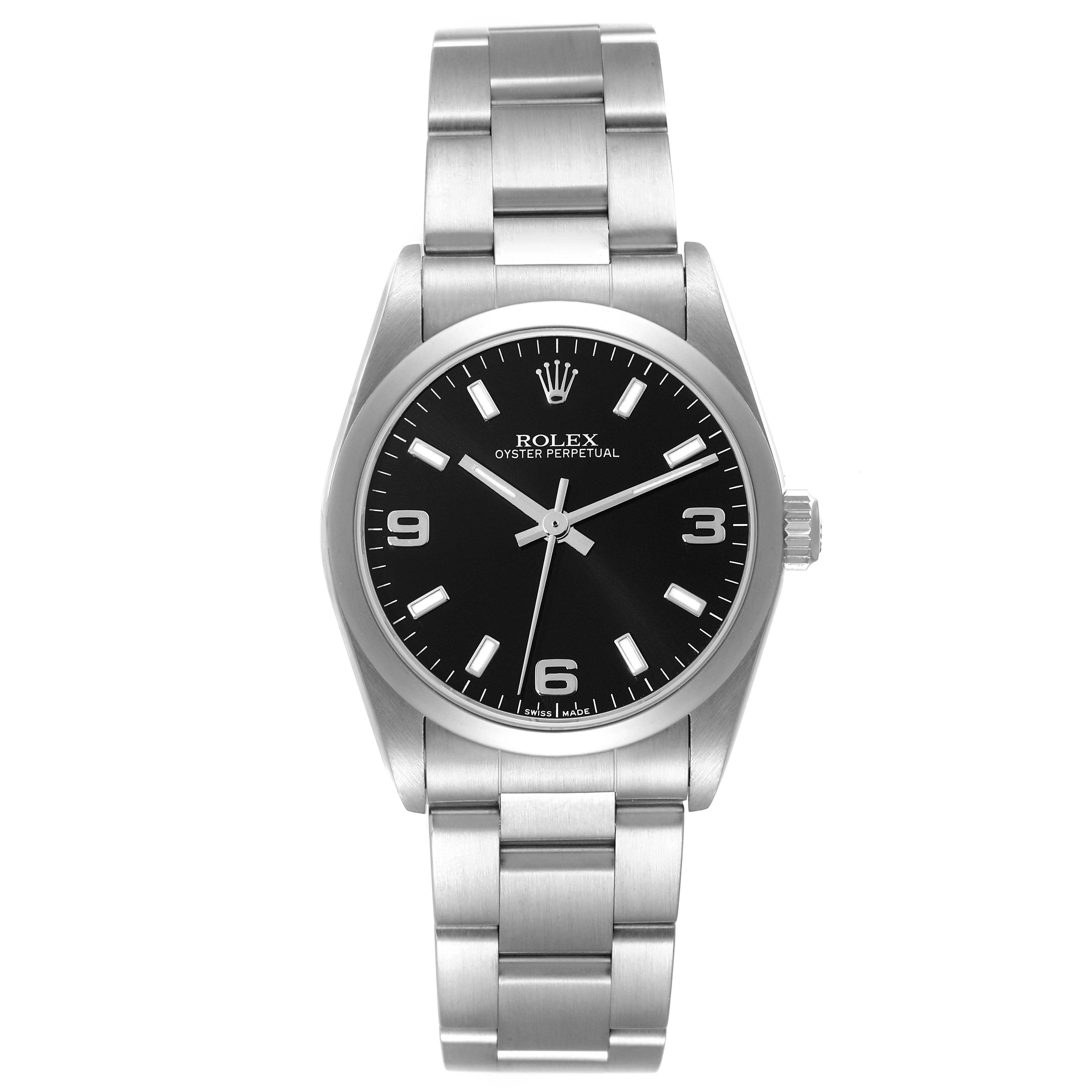 The image shows a front view of the Rolex Mid-Size 77080 Women
s Stainless Steel Black Dial 77080 Women
s Stainless Steel Black Dial Oyster Perpetual watch with its bracelet, dial, and crown visible.