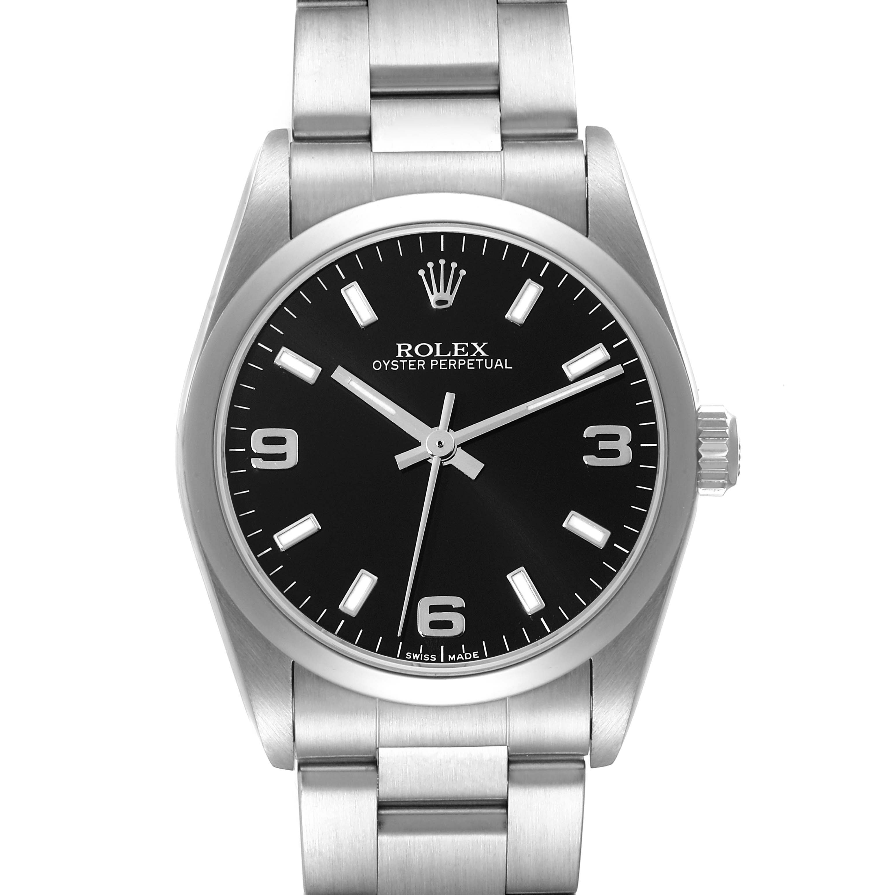 This Rolex Mid-Size 77080 Women
s Stainless Steel Black Dial 77080 Women
s Stainless Steel Black Dial Oyster Perpetual watch is shown from a front angle, highlighting its dial, bezel, crown, and bracelet.