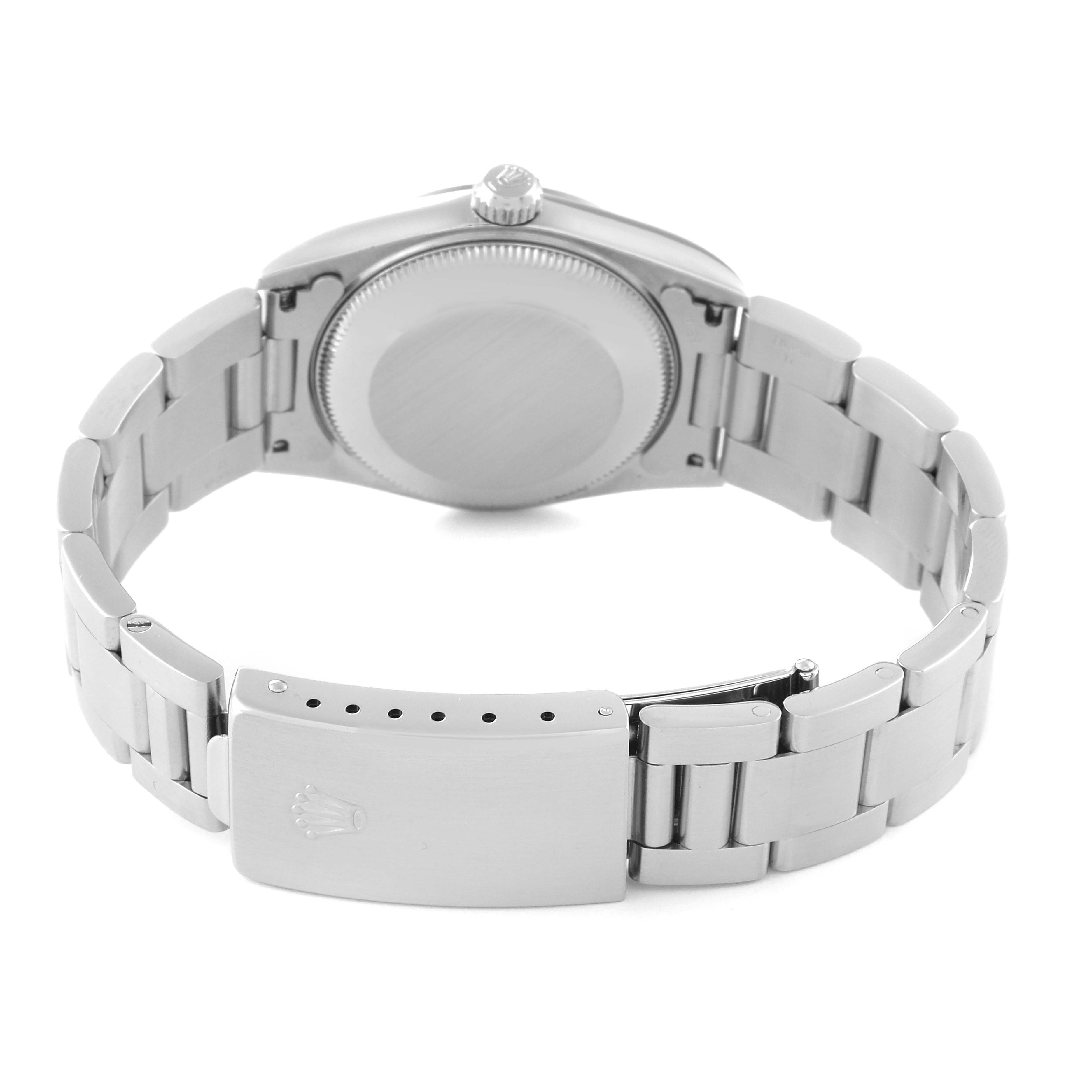 This image shows the back case and bracelet clasp of a Mid-Size Rolex watch from a rear angle.