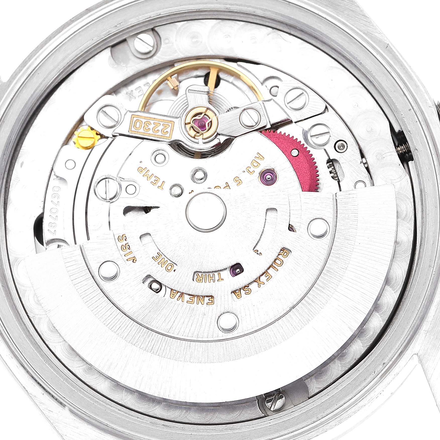 The image shows the internal mechanism and movement of a Rolex Mid-Size 77080 Women
s Stainless Steel Black Dial 77080 Women
s Stainless Steel Black Dial model watch, viewed from the back.
