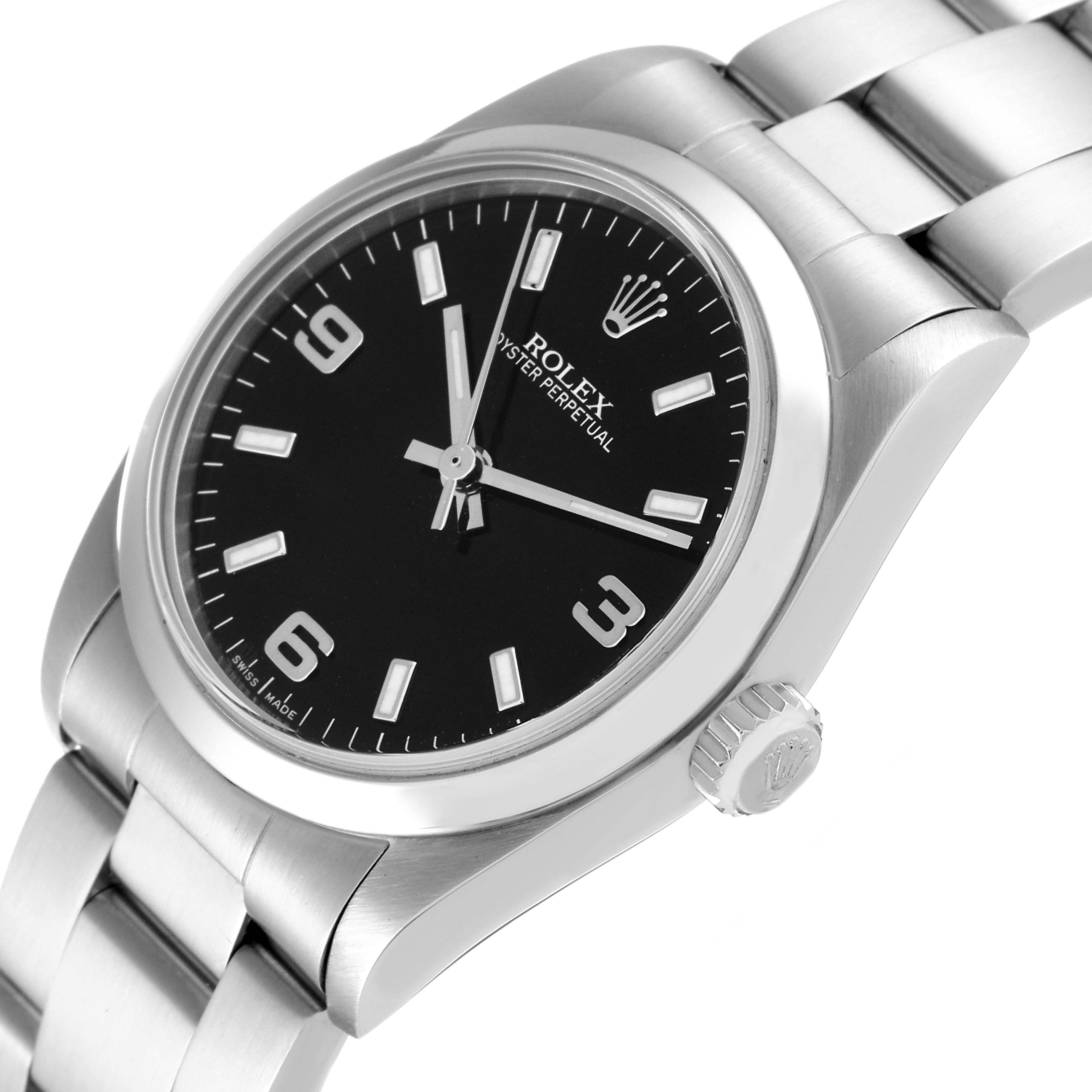 The image shows a Rolex Mid-Size 77080 Women
s Stainless Steel Black Dial 77080 Women
s Stainless Steel Black Dial Oyster Perpetual watch at an angled view highlighting the dial, bezel, and bracelet.