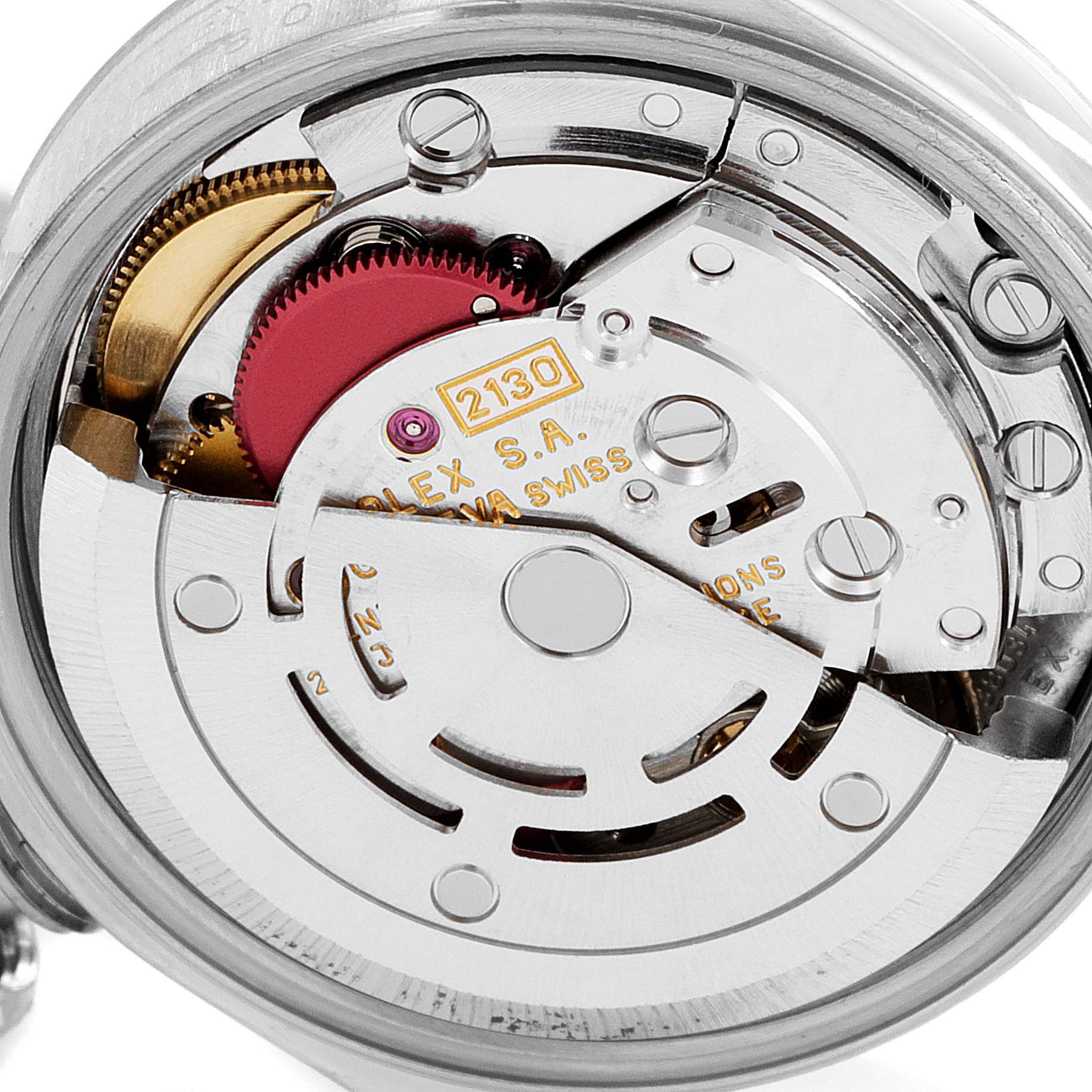 The close-up image shows the internal mechanism of a Rolex Oyster Perpetual 67180 Women's Stainless Steel Black Dial 67180 Women's Stainless Steel Black Dial watch, highlighting gears and the movement.