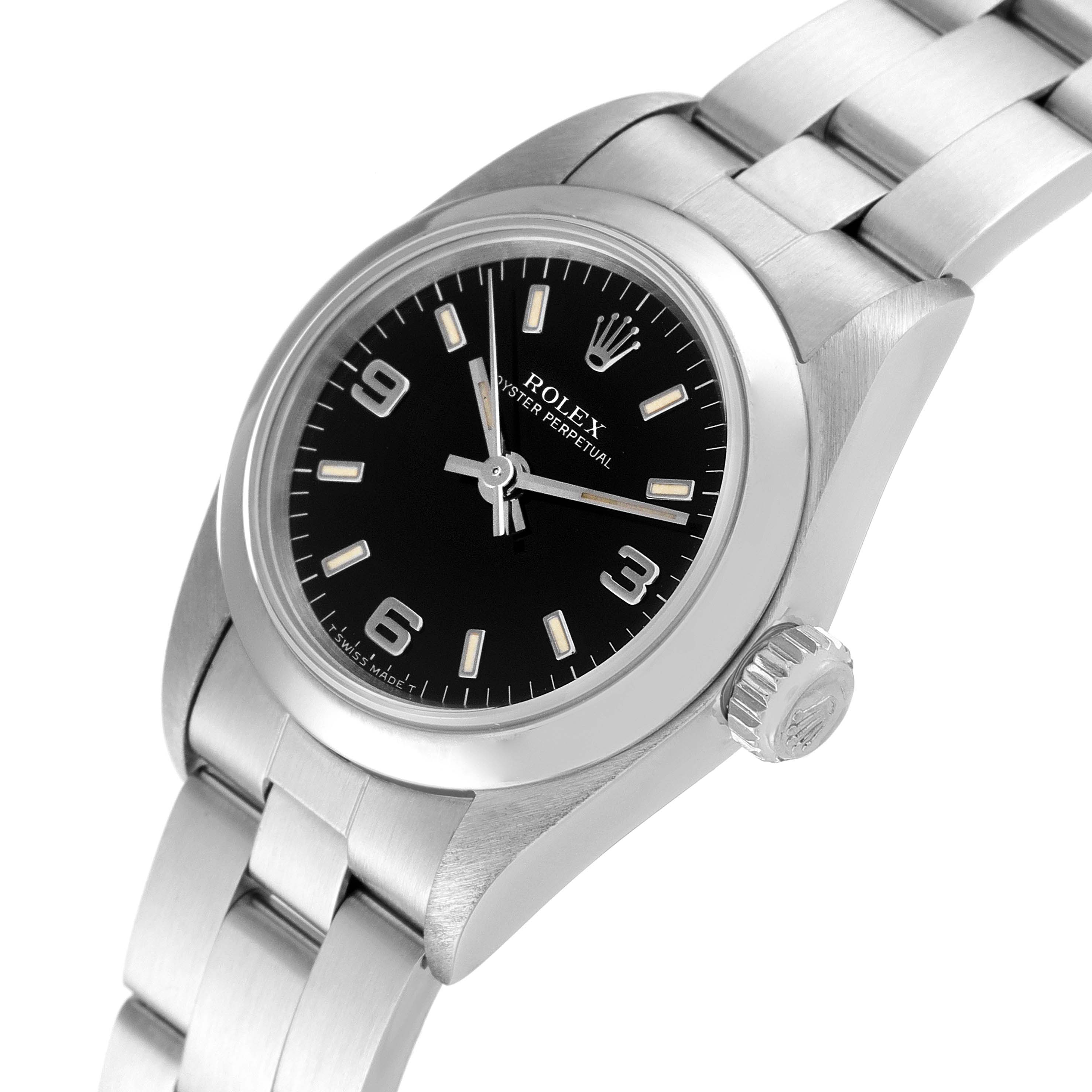 This image shows a side angle of the Rolex Oyster Perpetual 67180 Women's Stainless Steel Black Dial 67180 Women's Stainless Steel Black Dial watch, highlighting the black dial, stainless steel bracelet, and crown.