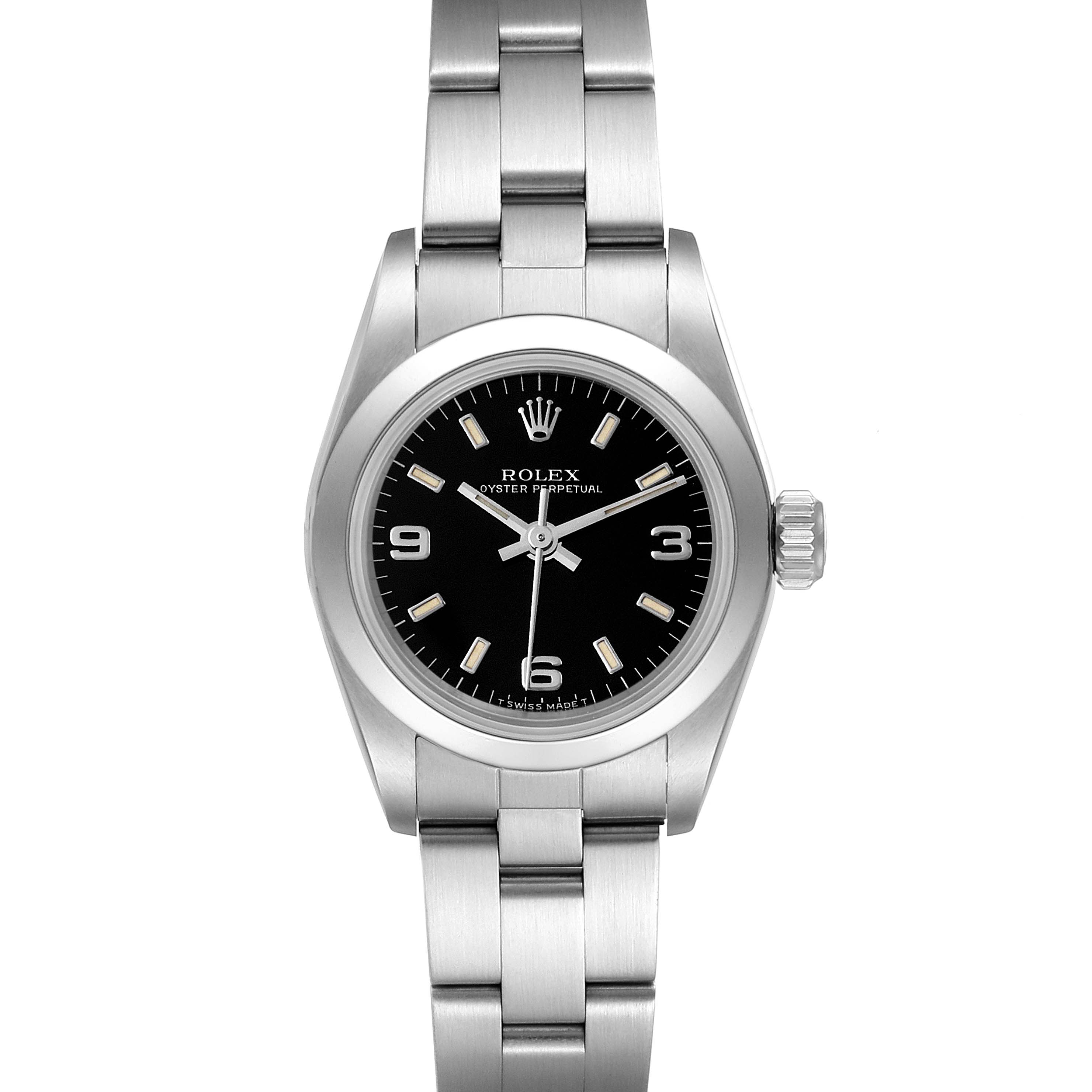 This image shows a frontal view of the Rolex Oyster Perpetual 67180 Women's Stainless Steel Black Dial 67180 Women's Stainless Steel Black Dial watch, featuring its face, bezel, crown, and bracelet.