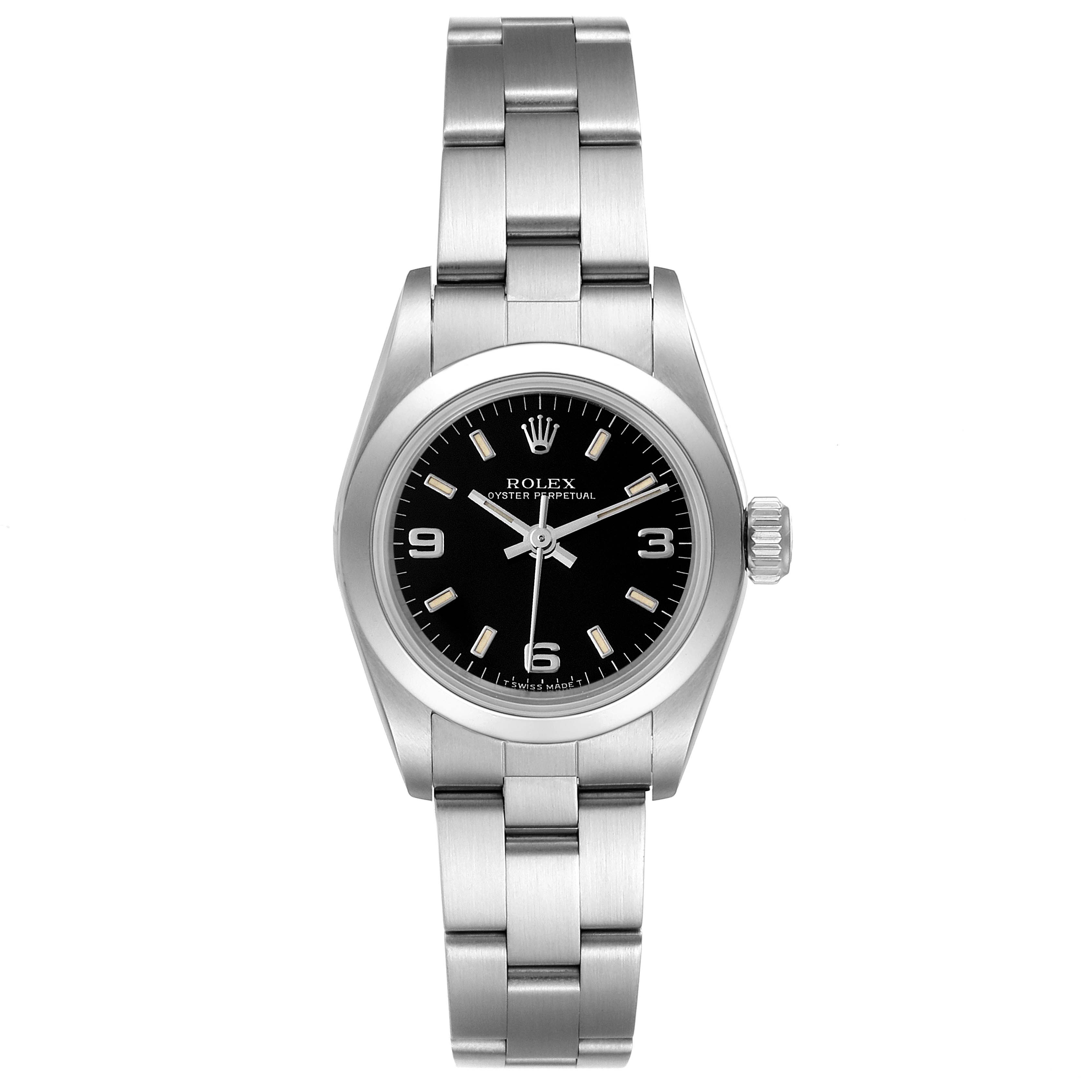 The image shows a front view of a Rolex Oyster Perpetual 67180 Women's Stainless Steel Black Dial 67180 Women's Stainless Steel Black Dial watch, highlighting the face, bezel, and bracelet.