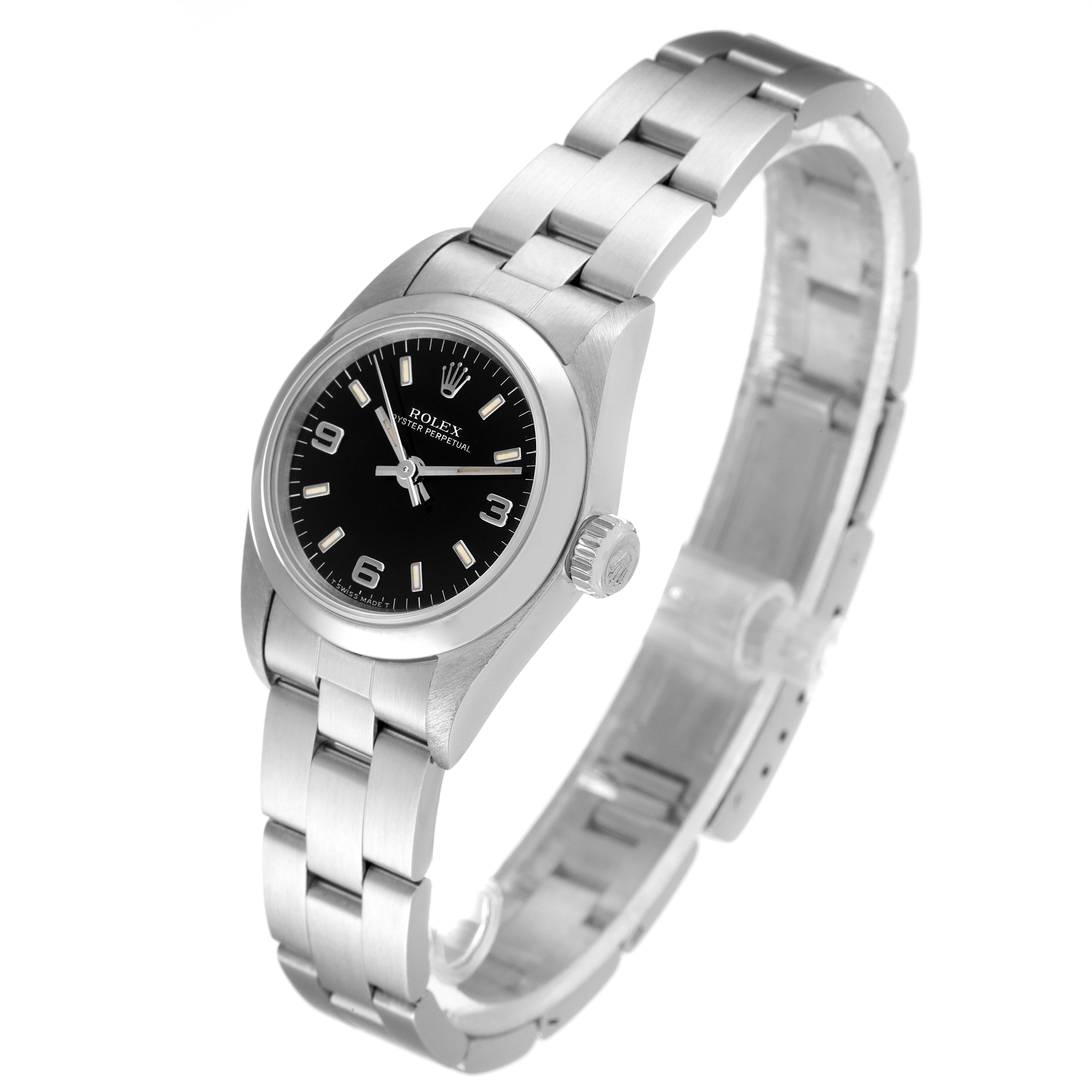 The image shows a side and front view of a Rolex Oyster Perpetual 67180 Women's Stainless Steel Black Dial 67180 Women's Stainless Steel Black Dial watch, displaying its face, bezel, lugs, and bracelet.