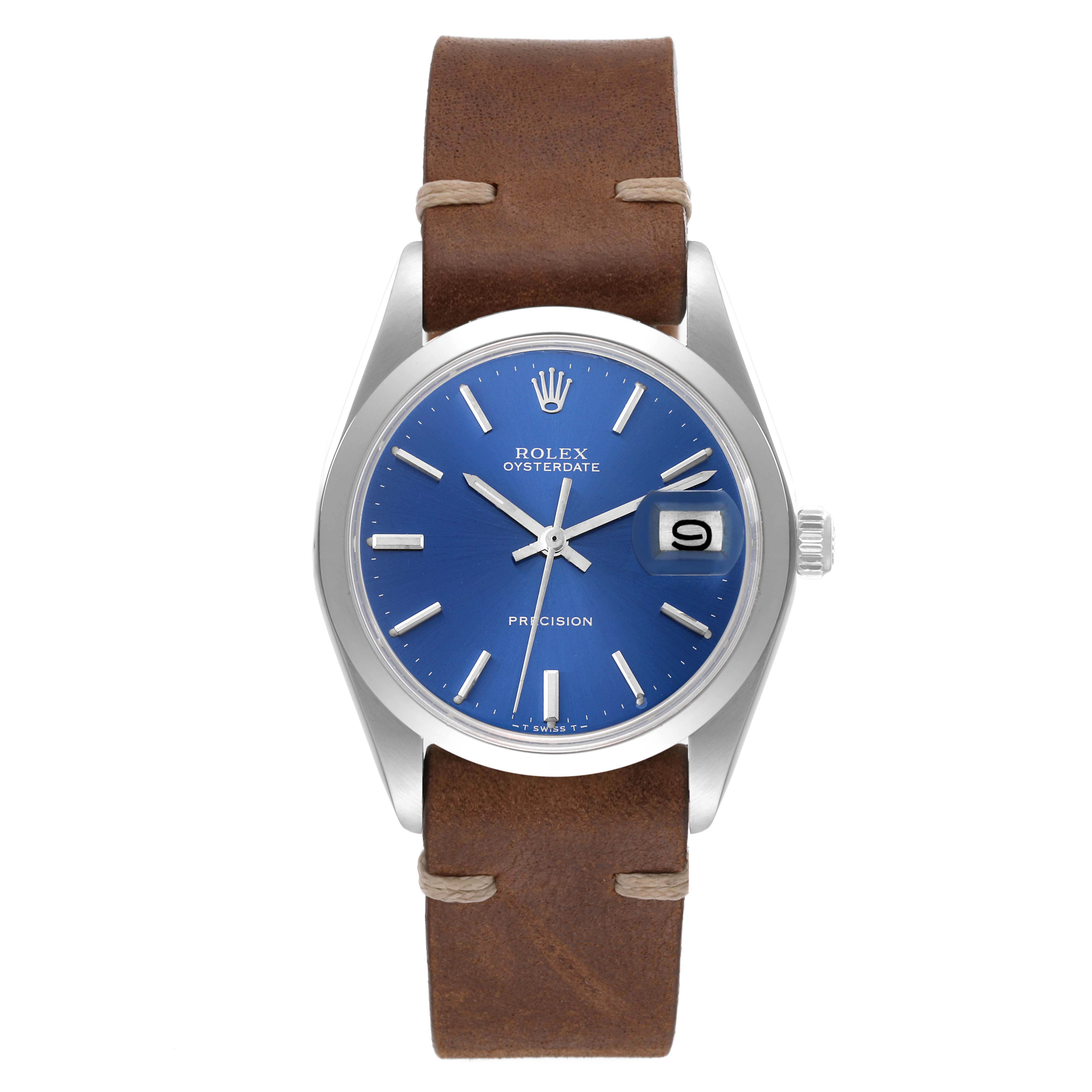 The image shows a front view of the Rolex Vintage Collection 6694 Men's Stainless Steel Blue Dial 6694 Men's Stainless Steel Blue Dial watch with a blue dial and a brown leather strap.