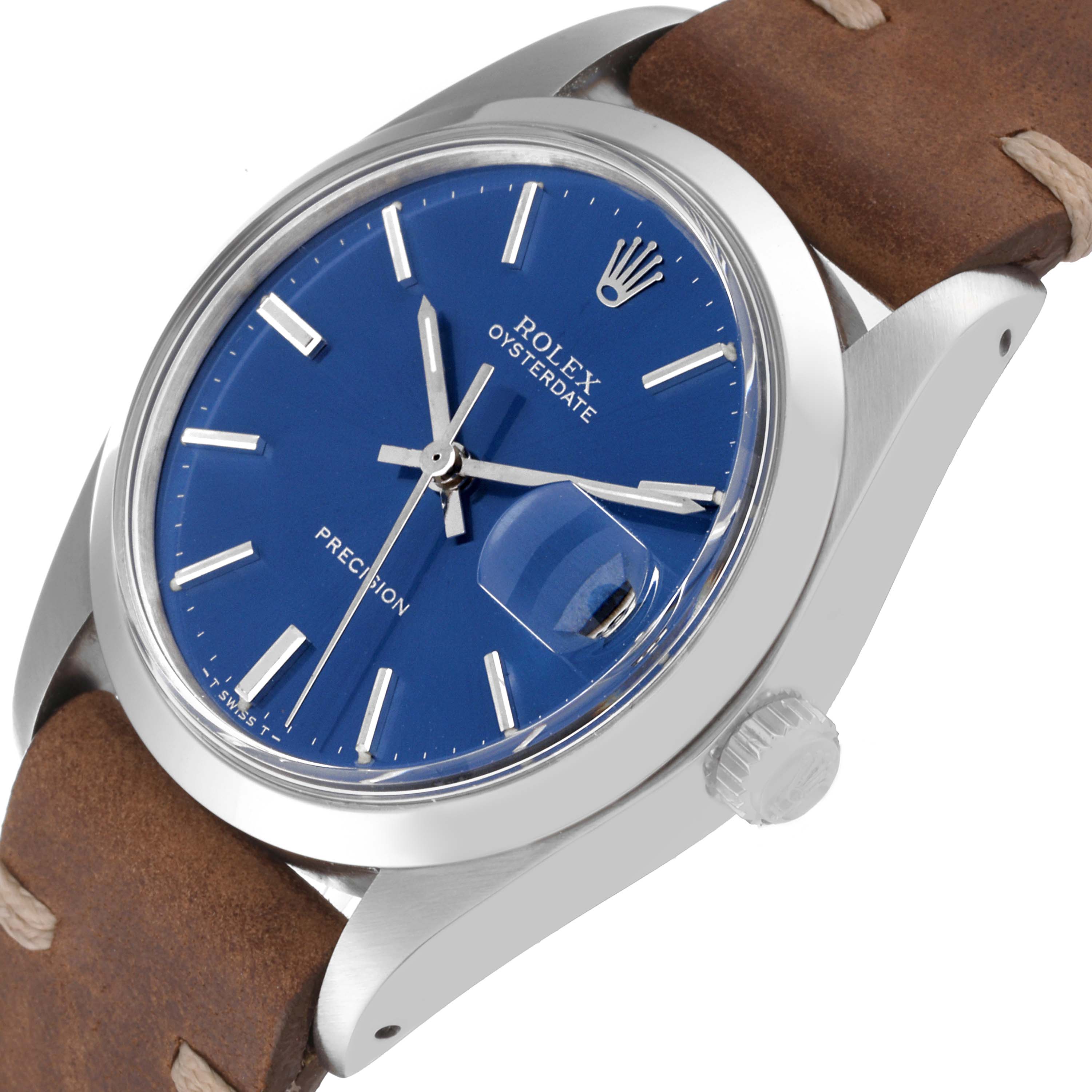 This image shows a Rolex Oysterdate Precision watch from the Vintage Collection at a slight angle, highlighting its blue dial and brown leather strap.