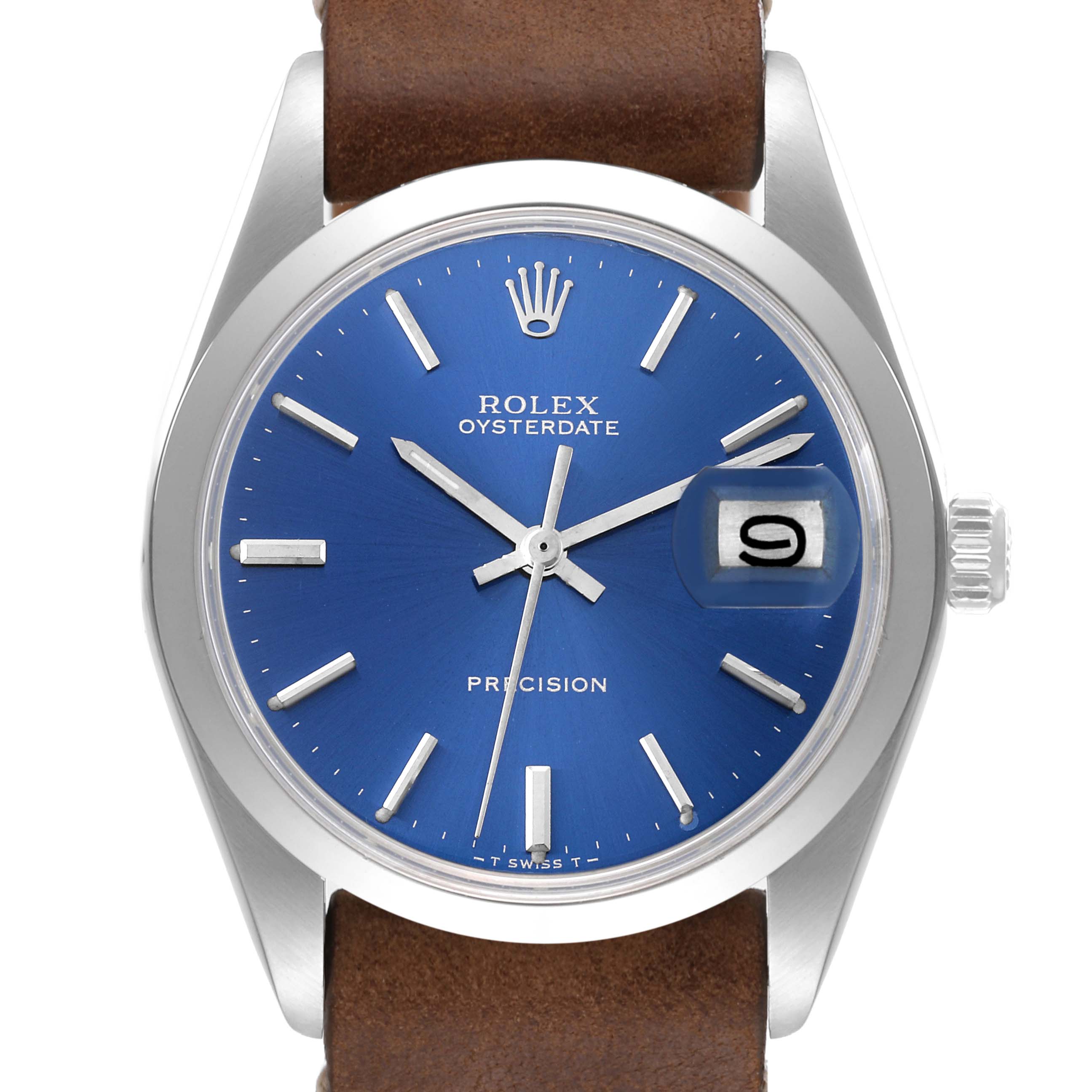 This image shows a front view of the Rolex Vintage Collection 6694 Men's Stainless Steel Blue Dial 6694 Men's Stainless Steel Blue Dial Oysterdate watch, featuring a blue dial and a brown leather strap.