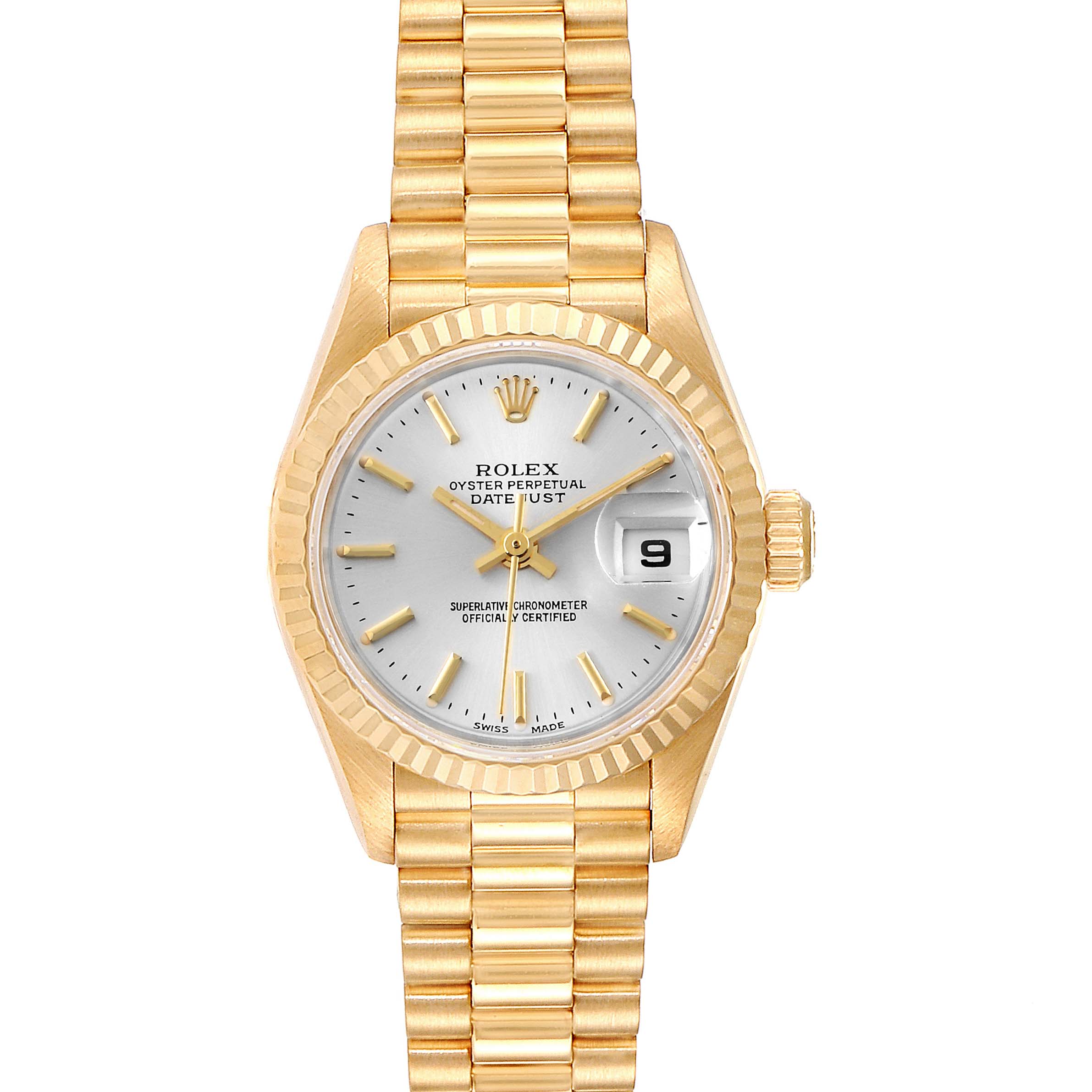 This image shows a frontal view of a Rolex President 79178 Women's Yellow Gold Silver Dial 79178 Women's Yellow Gold Silver Dial model watch with its full gold bracelet and silver dial.