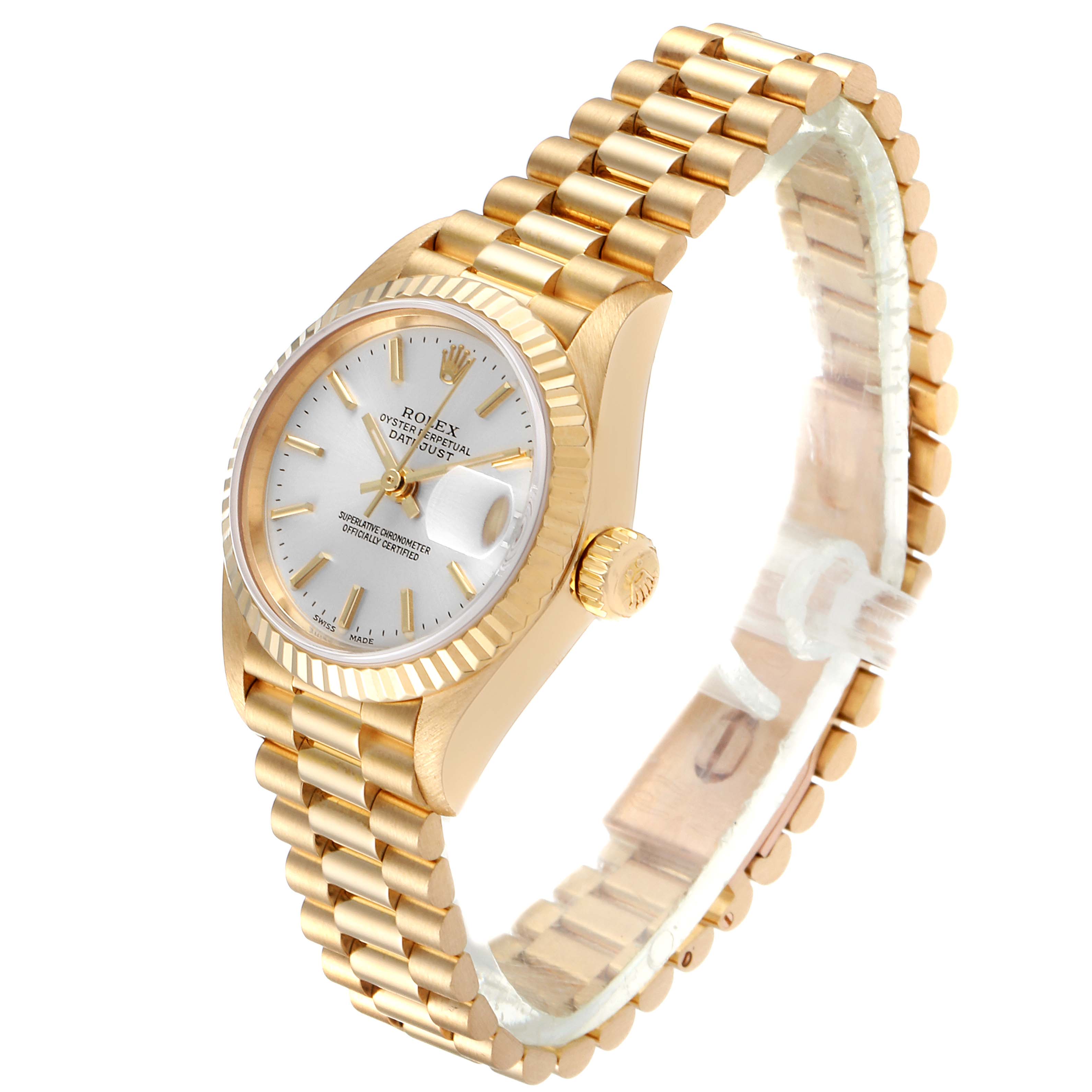 The image shows a Rolex President 79178 Women's Yellow Gold Silver Dial 79178 Women's Yellow Gold Silver Dial model watch at a three-quarter angle, highlighting the face, bezel, and bracelet.