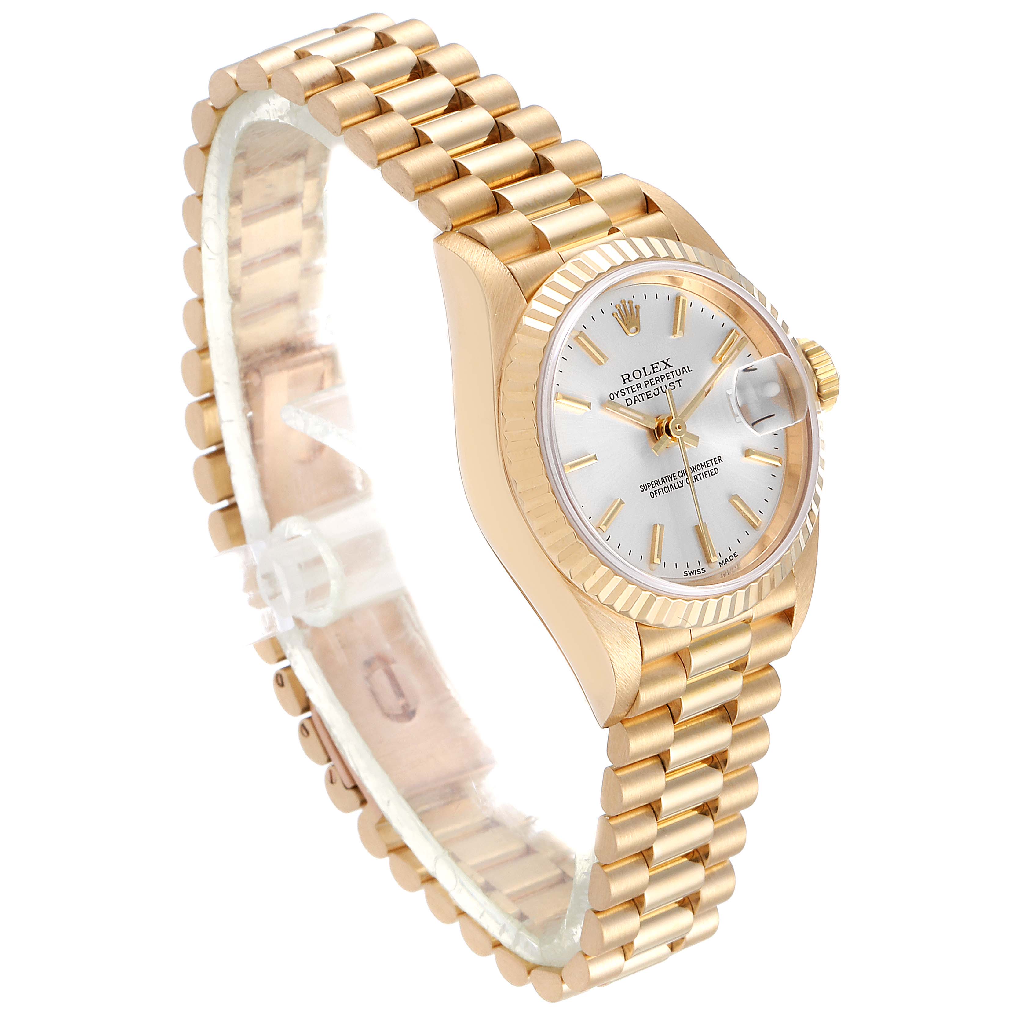 The image shows a Rolex President 79178 Women's Yellow Gold Silver Dial 79178 Women's Yellow Gold Silver Dial watch at a slight side angle, highlighting the gold bracelet, dial, and bezel.