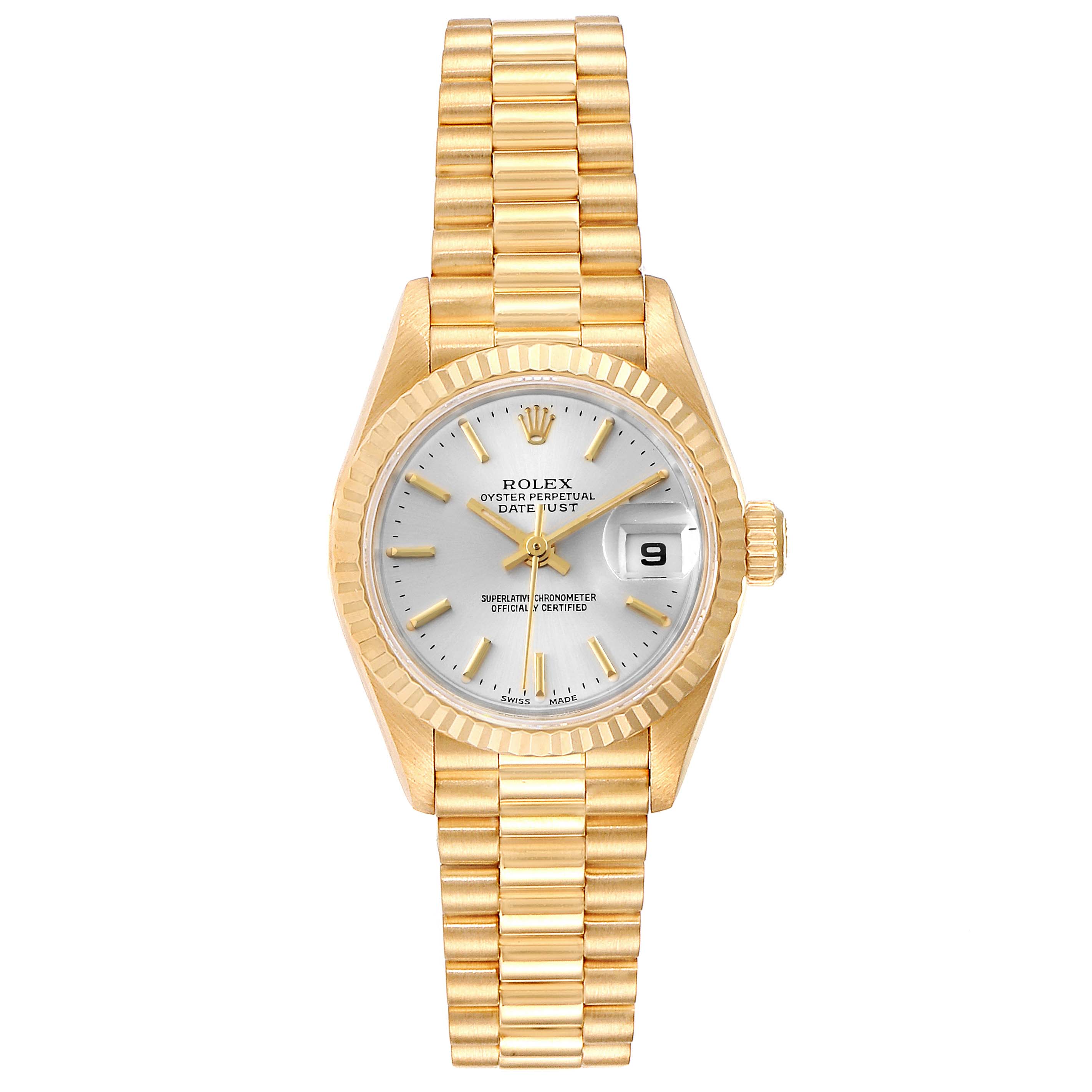 This image shows a full frontal view of a Rolex President 79178 Women's Yellow Gold Silver Dial 79178 Women's Yellow Gold Silver Dial model, showcasing the dial, bezel, and bracelet.