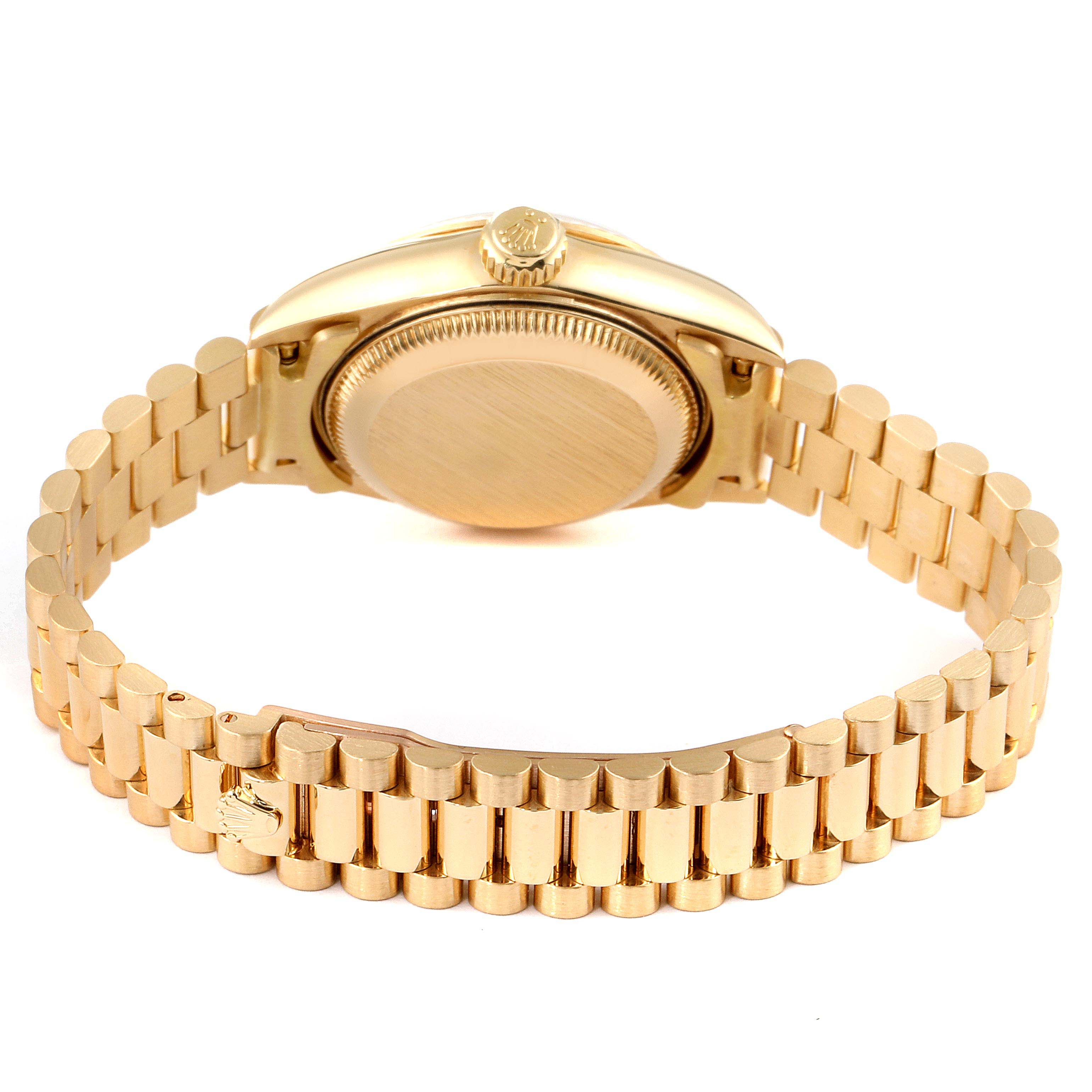 The image shows the back view of a Rolex President 79178 Women's Yellow Gold Silver Dial 79178 Women's Yellow Gold Silver Dial model watch, highlighting the case back, crown, and President bracelet.