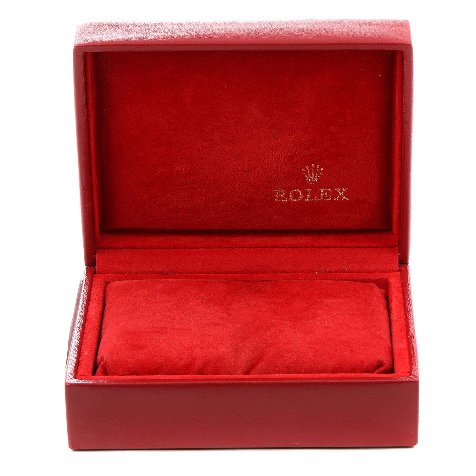 This image shows an open red Rolex box, likely for the President model watch, with the brand logo inside the lid.