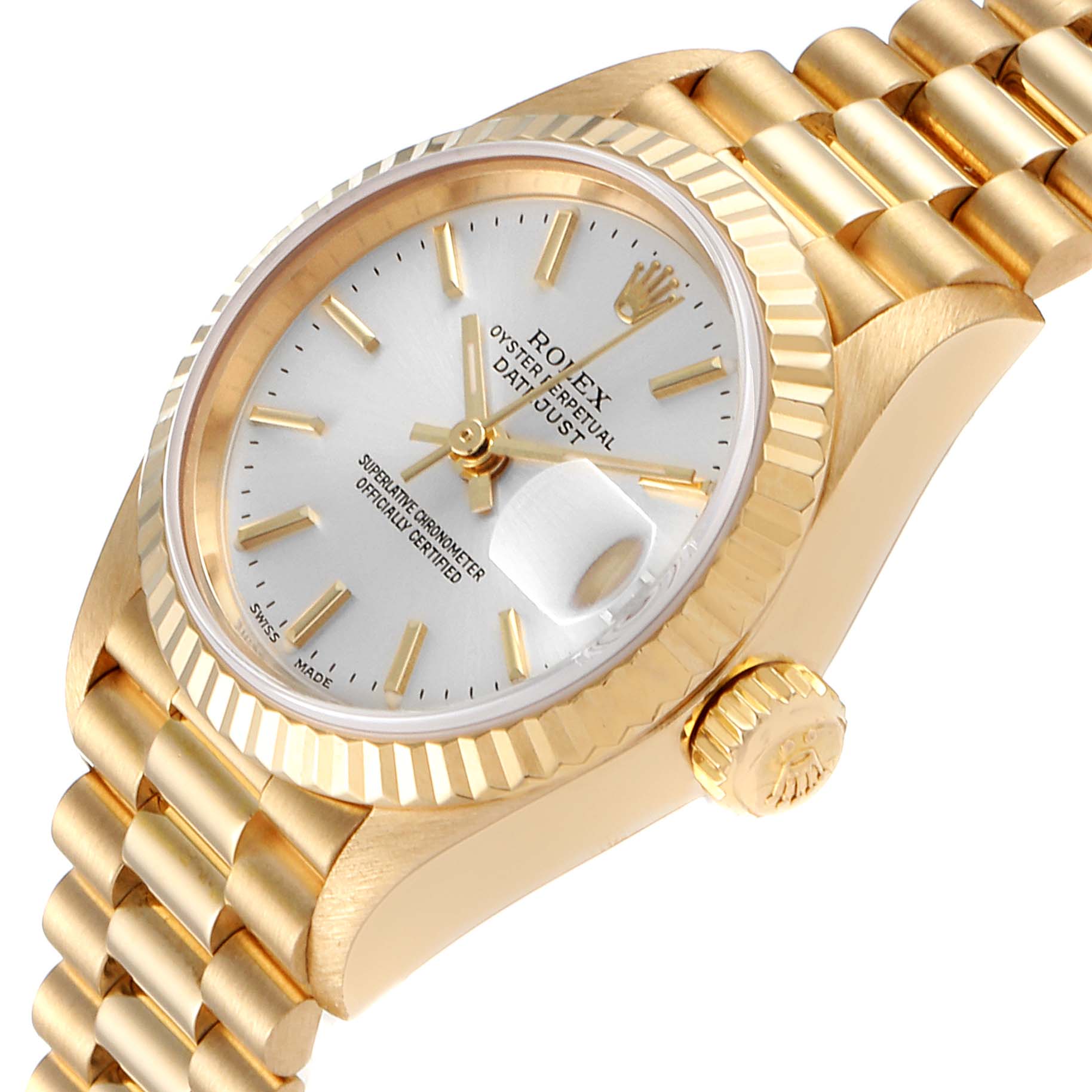 The image shows a side and partial top view of a Rolex President 79178 Women's Yellow Gold Silver Dial 79178 Women's Yellow Gold Silver Dial model watch, showcasing the dial, bezel, crown, and bracelet.
