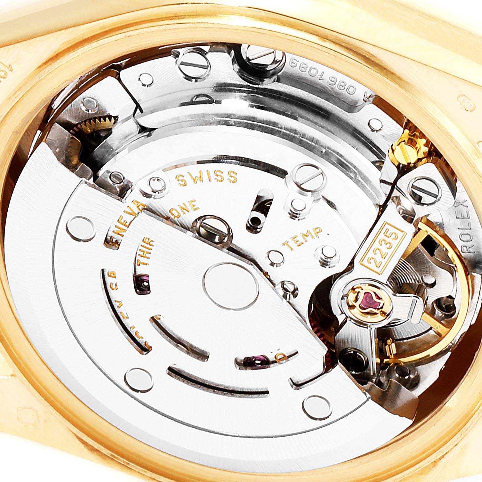 The image shows an inner view of the Rolex President 79178 Women's Yellow Gold Silver Dial 79178 Women's Yellow Gold Silver Dial model, highlighting its intricate movement.