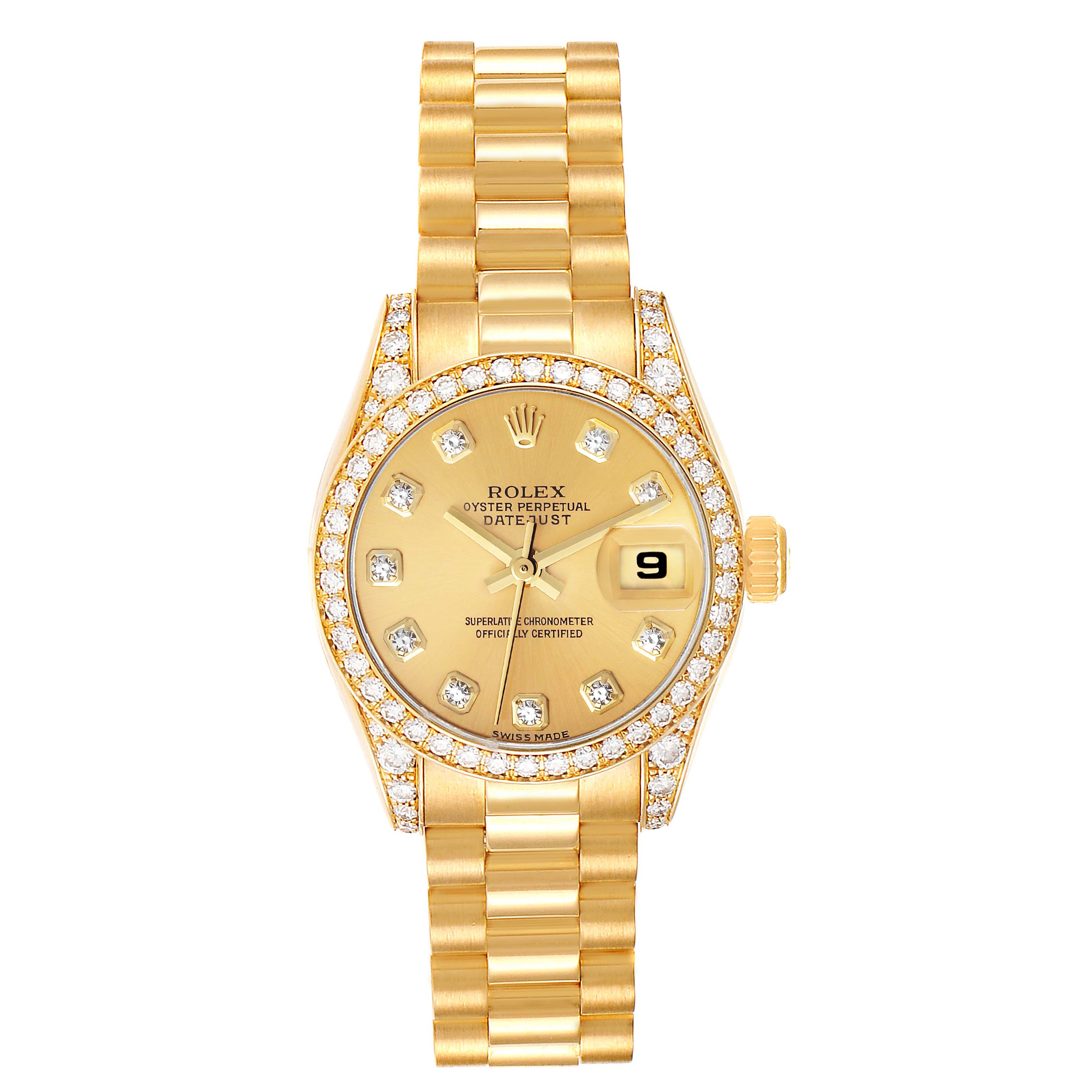 The image shows a front view of a Rolex President 179158 Women
s Yellow Gold Champagne Dial 179158 Women
s Yellow Gold Champagne Dial model watch, highlighting its gold bracelet, diamond-encrusted bezel, and date display.