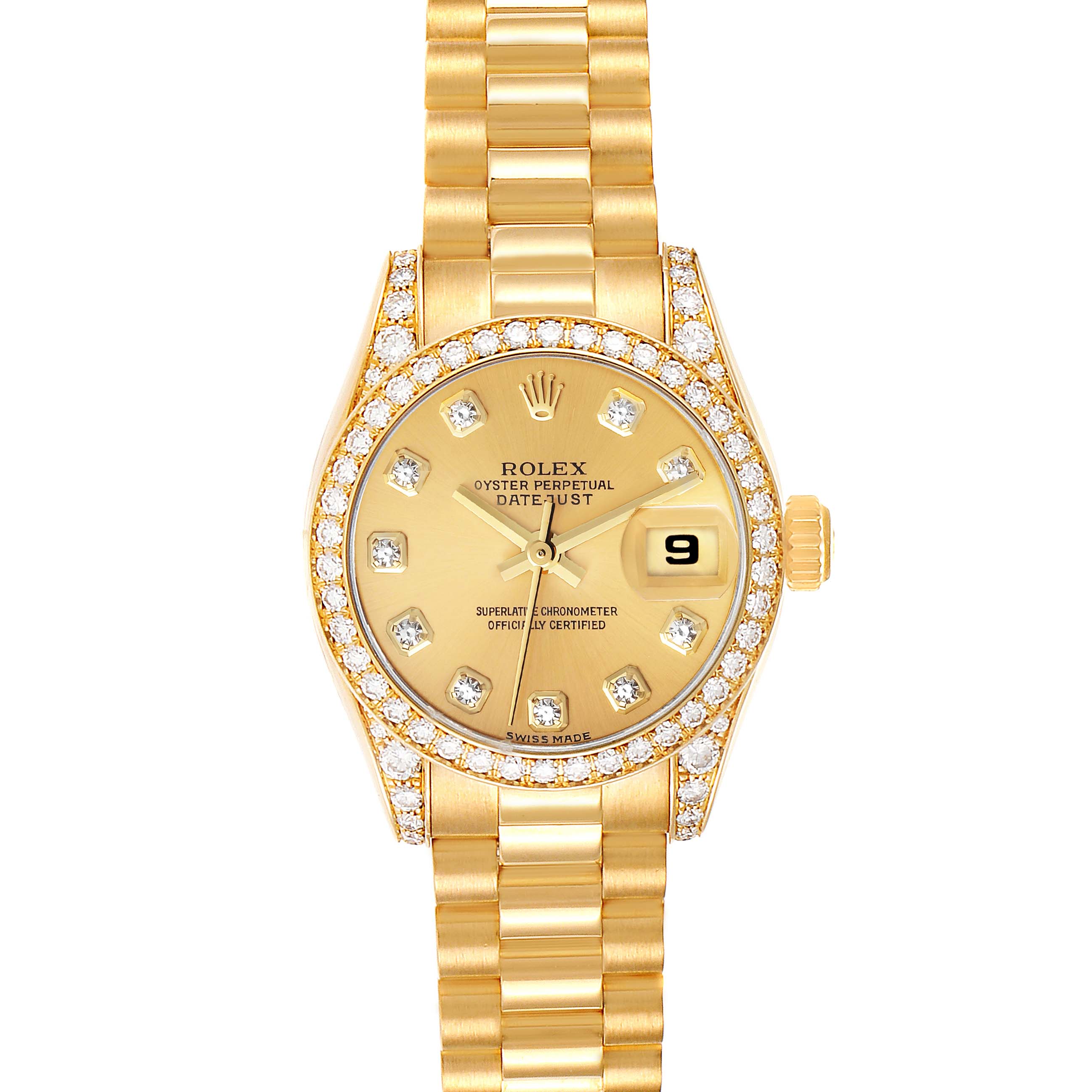 This image shows a Rolex President 179158 Women
s Yellow Gold Champagne Dial 179158 Women
s Yellow Gold Champagne Dial model watch from a front view, featuring a gold bracelet, diamond bezel, and date display.