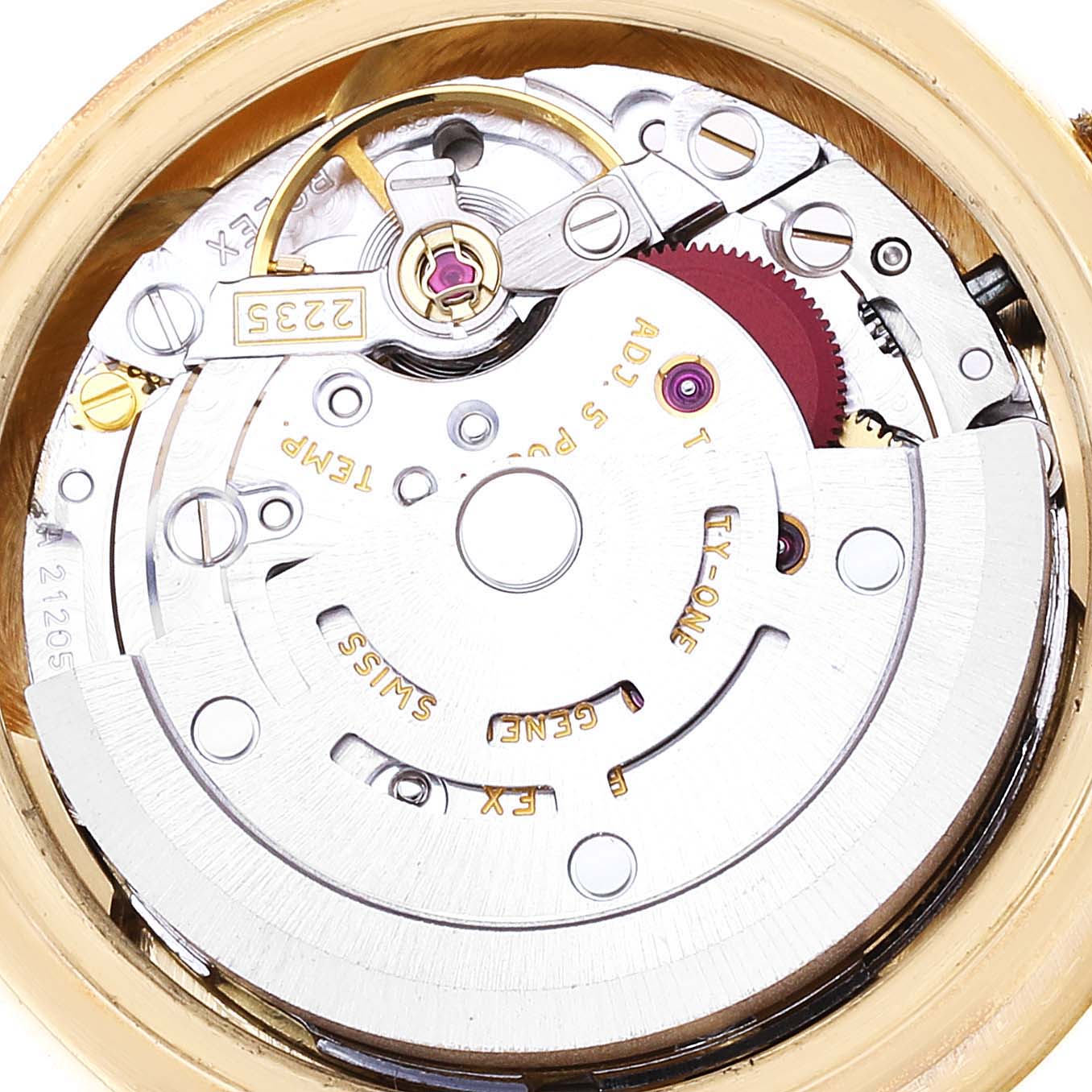 This image shows the inner mechanical movement of a Rolex President 179158 Women
s Yellow Gold Champagne Dial 179158 Women
s Yellow Gold Champagne Dial model watch from a top-down angle.