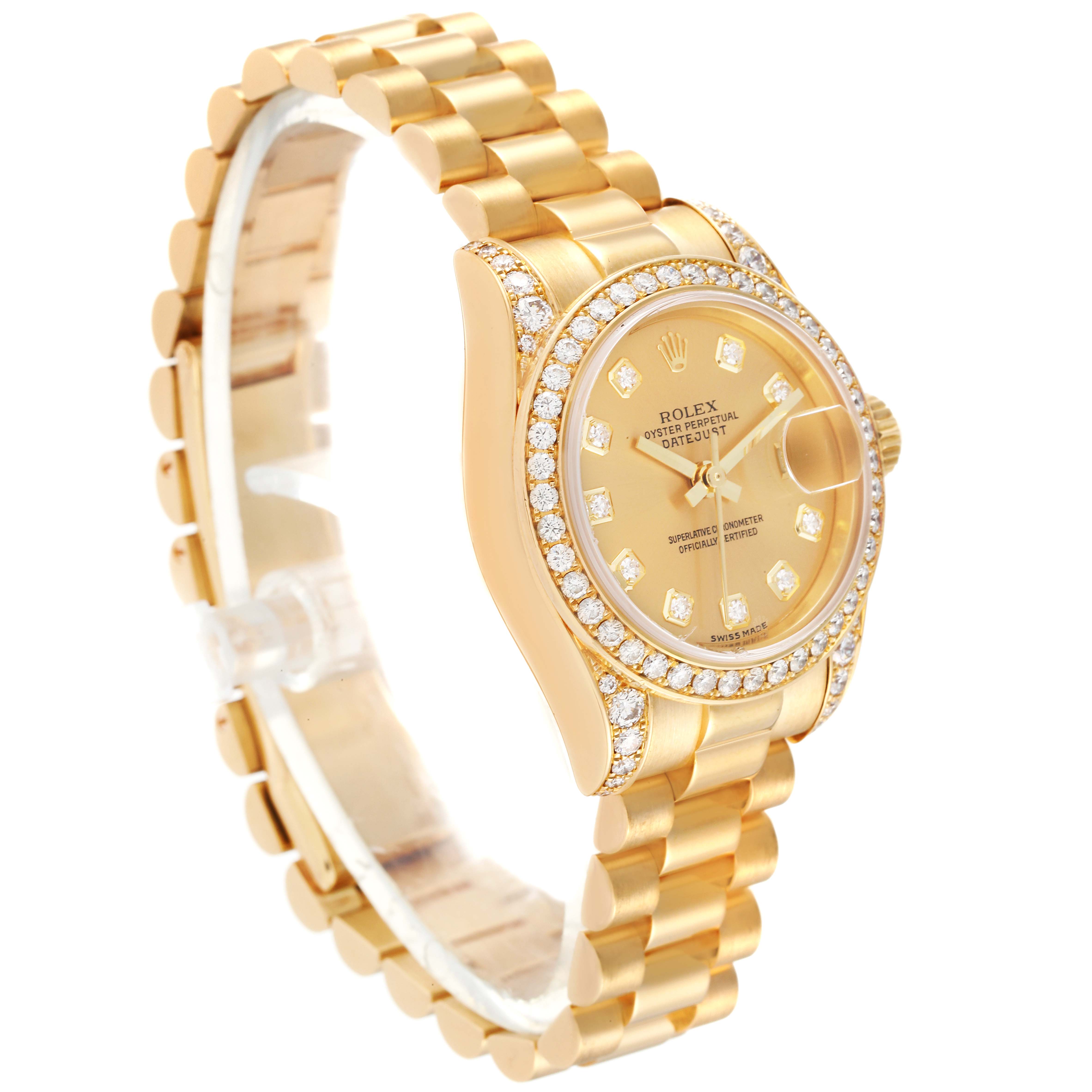 The image shows a side angle of a Rolex President 179158 Women
s Yellow Gold Champagne Dial 179158 Women
s Yellow Gold Champagne Dial model watch, highlighting the gold bracelet, diamond-studded bezel, and dial.