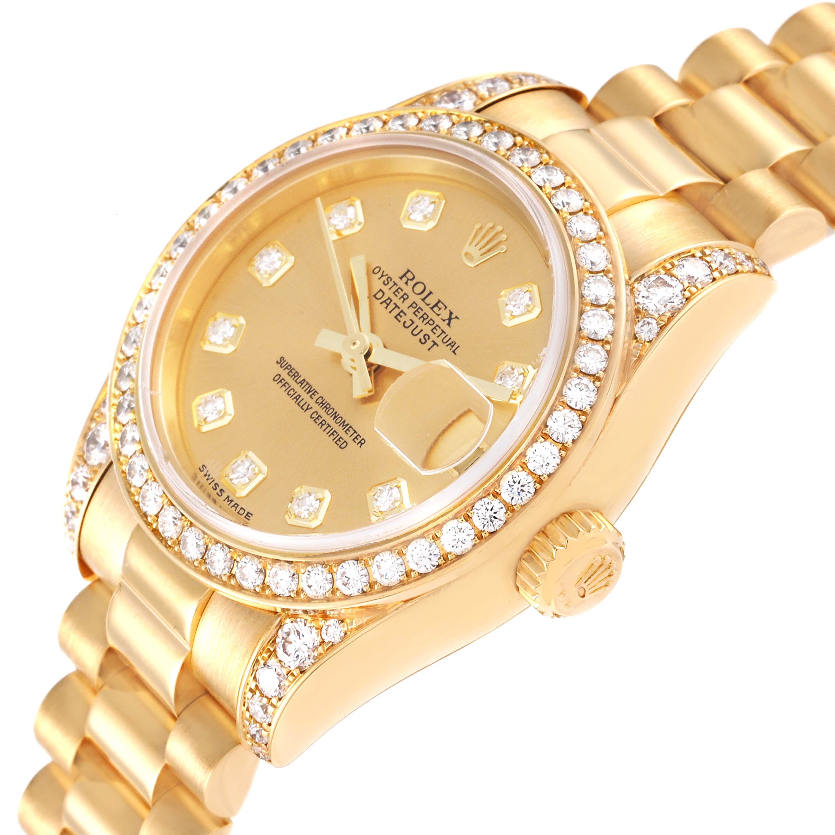The image shows a Rolex President 179158 Women
s Yellow Gold Champagne Dial 179158 Women
s Yellow Gold Champagne Dial model watch at an angled close-up, highlighting the diamond-set dial, bezel, and bracelet.
