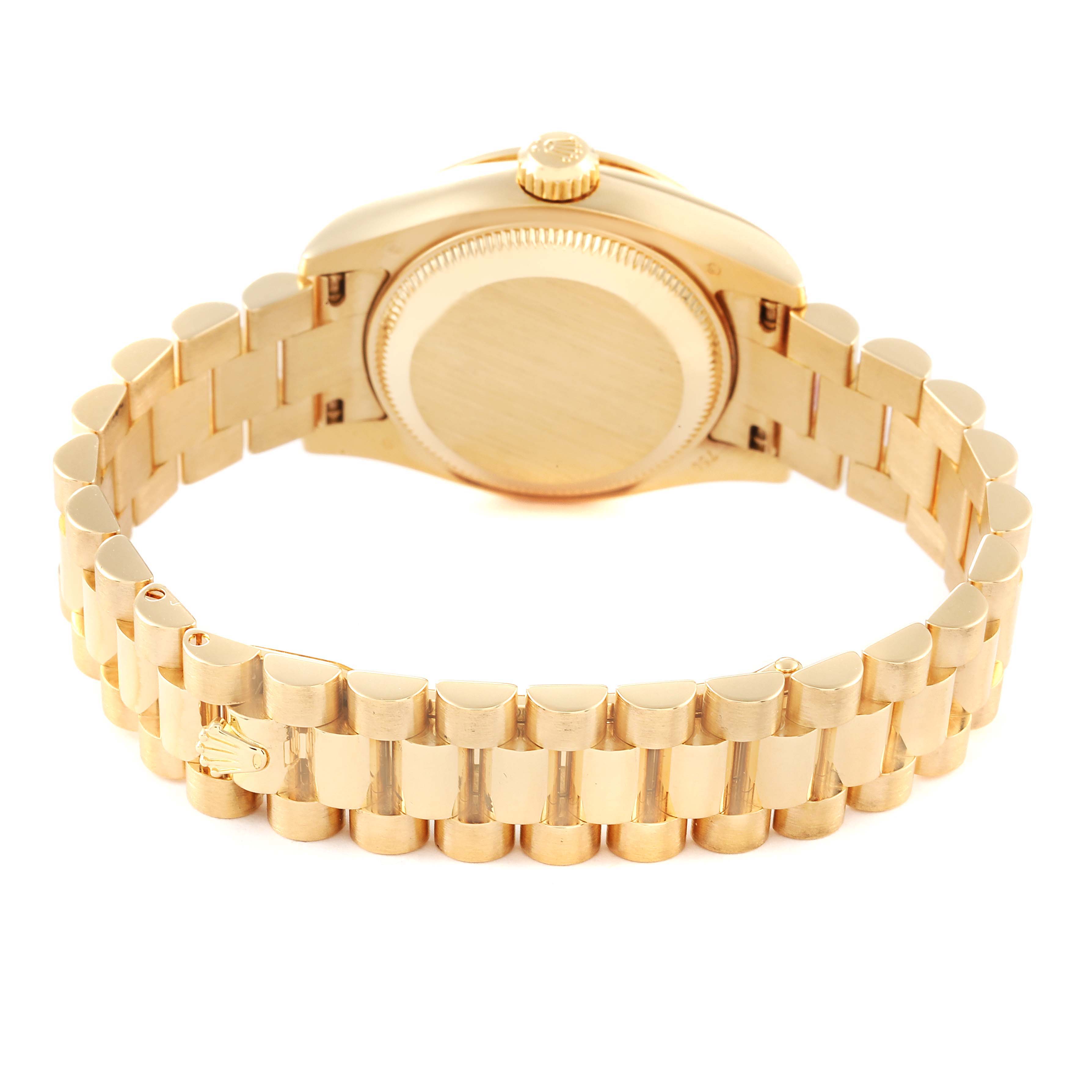 This image shows the back and bracelet of a Rolex President 179158 Women
s Yellow Gold Champagne Dial 179158 Women
s Yellow Gold Champagne Dial model watch, focusing on the clasp and caseback.
