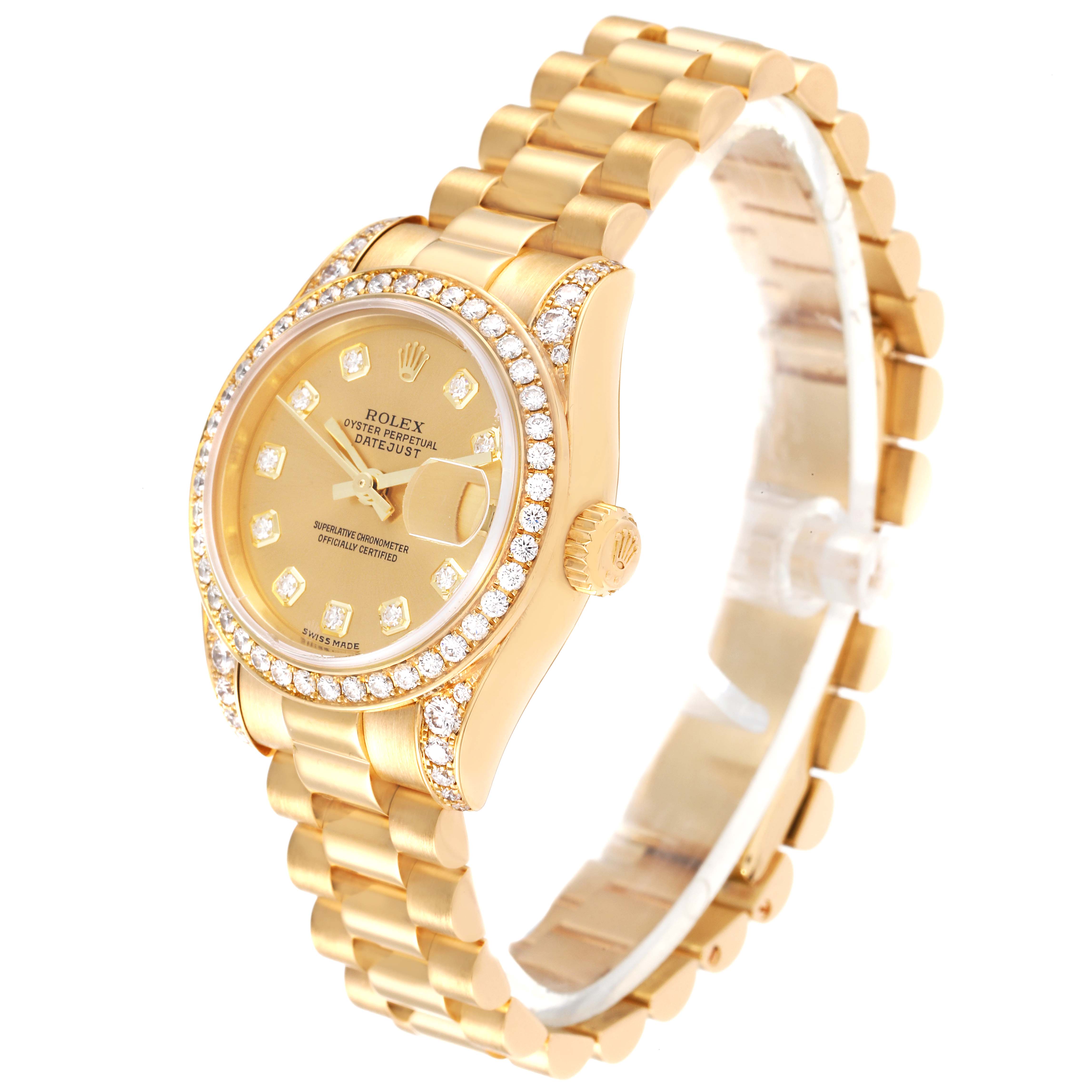 This image shows a side angle of a Rolex President 179158 Women
s Yellow Gold Champagne Dial 179158 Women
s Yellow Gold Champagne Dial model watch, highlighting the bezel, dial, crown, and bracelet.