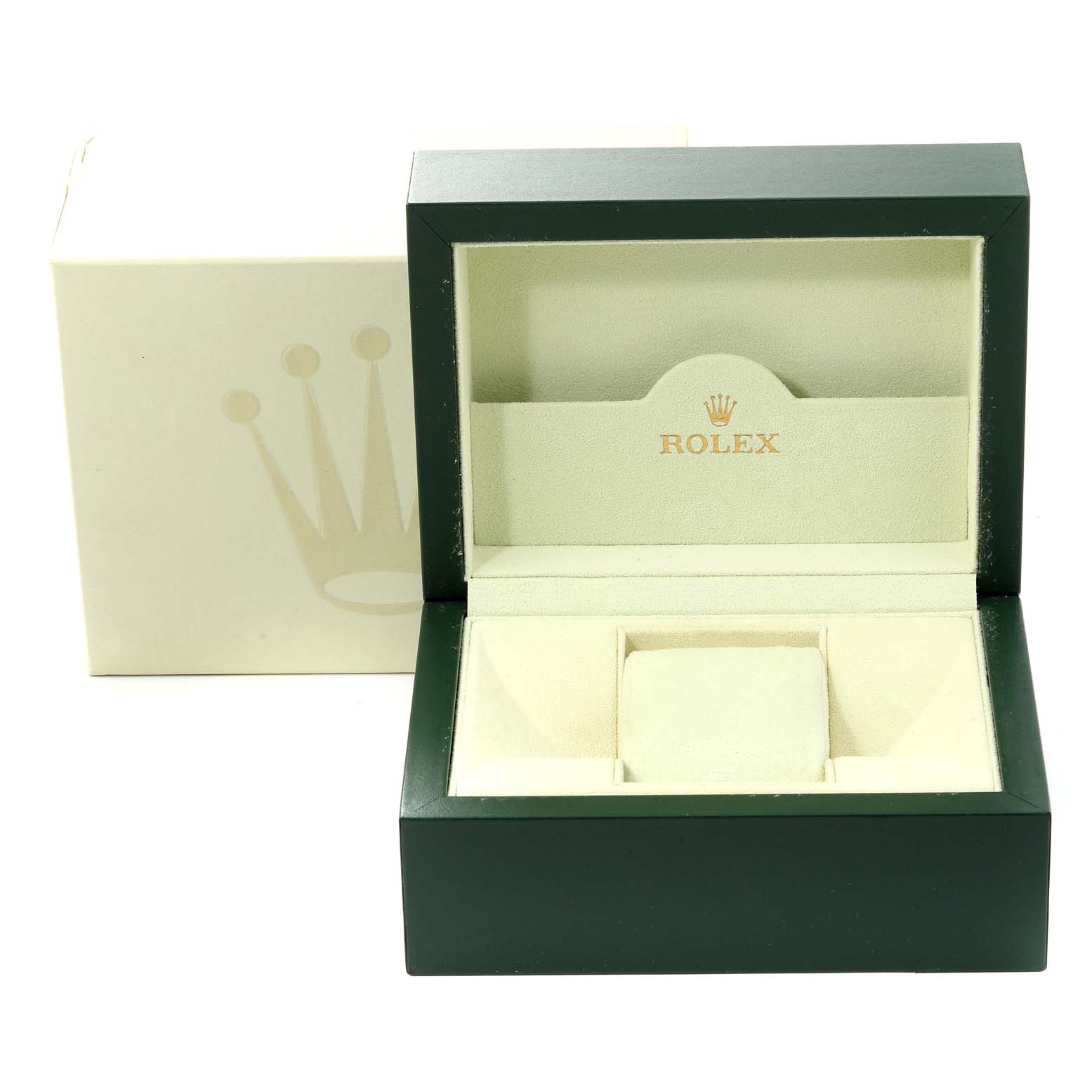 The image shows an open Rolex President 179158 Women
s Yellow Gold Champagne Dial 179158 Women
s Yellow Gold Champagne Dial model watch box viewed from the front, displaying the cushion and interior compartments.