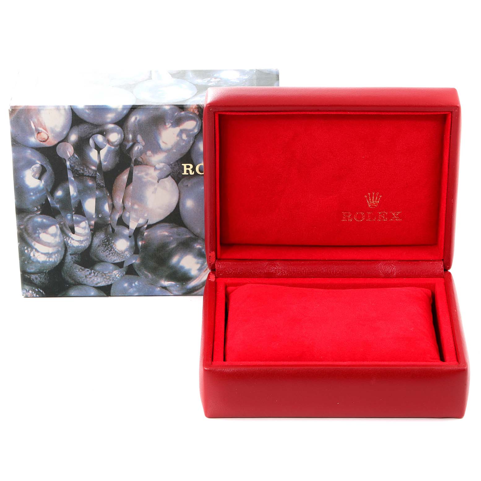 This image shows the open box and packaging for the Rolex President 69178 Women
s Yellow Gold Champagne Dial 69178 Women
s Yellow Gold Champagne Dial model watch, featuring a red interior and an outer box.