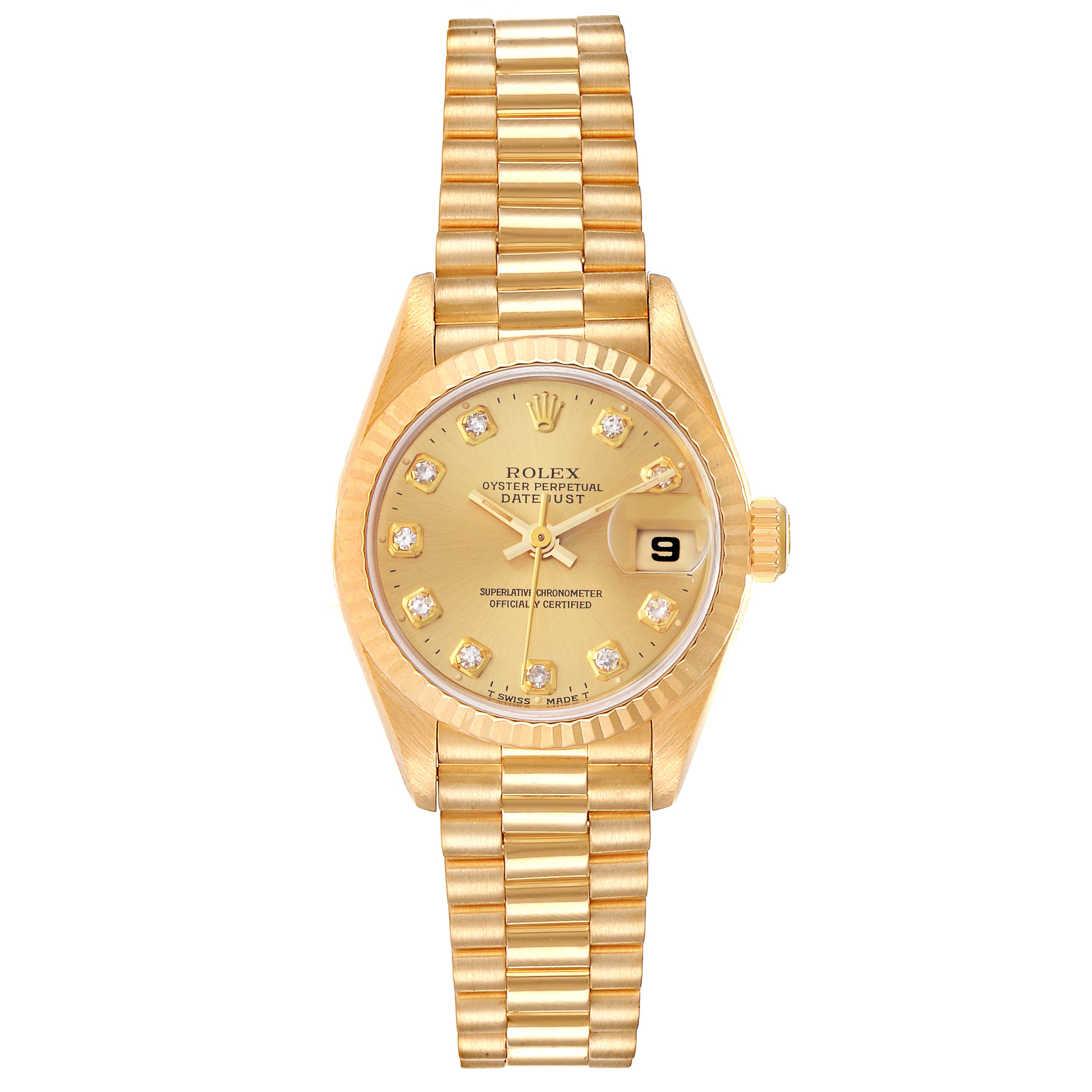 This is a Rolex President 69178 Women
s Yellow Gold Champagne Dial 69178 Women
s Yellow Gold Champagne Dial model watch shown from a top-down angle, featuring the face, bezel, and bracelet.