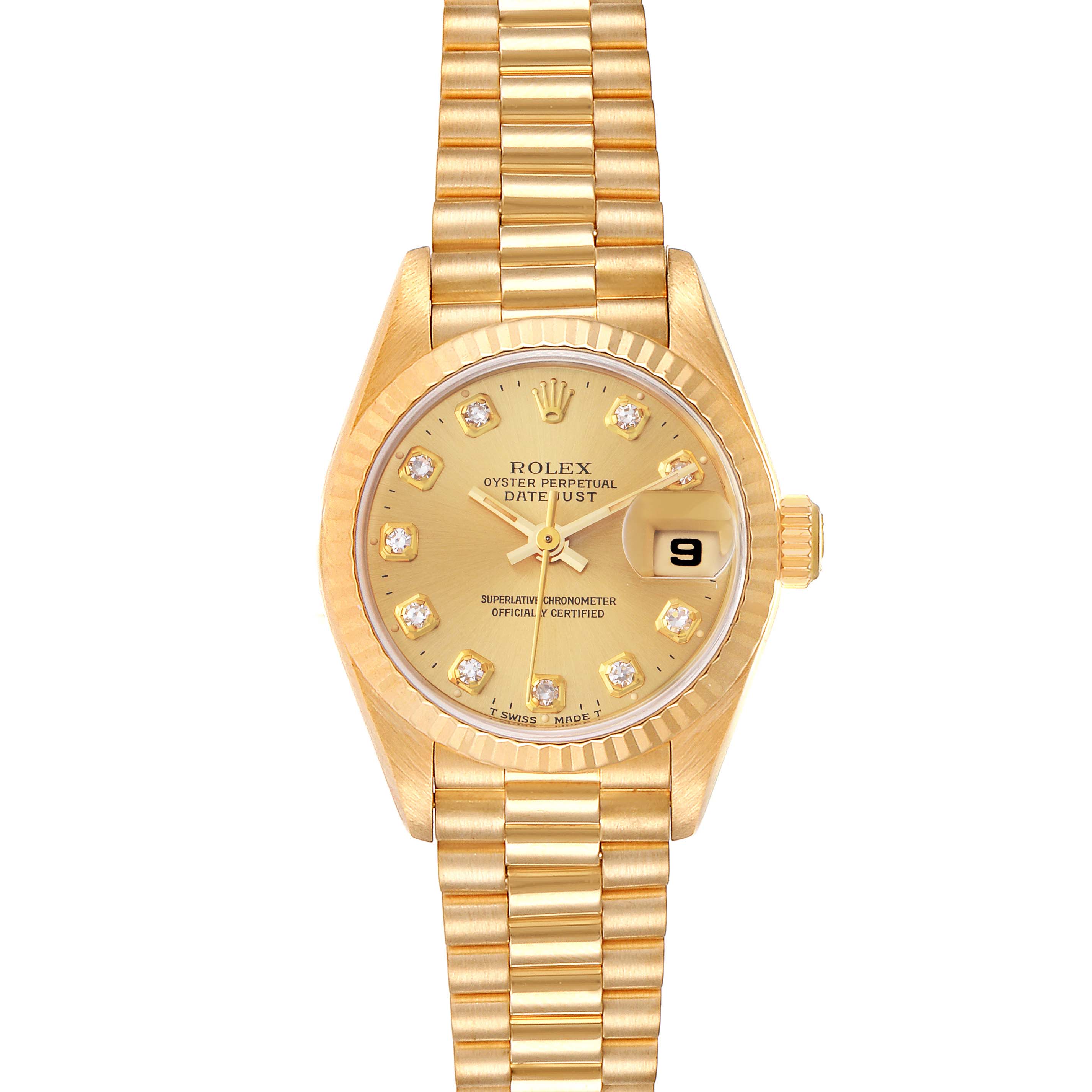 The image shows a Rolex President 69178 Women
s Yellow Gold Champagne Dial 69178 Women
s Yellow Gold Champagne Dial model watch from a front angle, highlighting the dial, bezel, and bracelet.