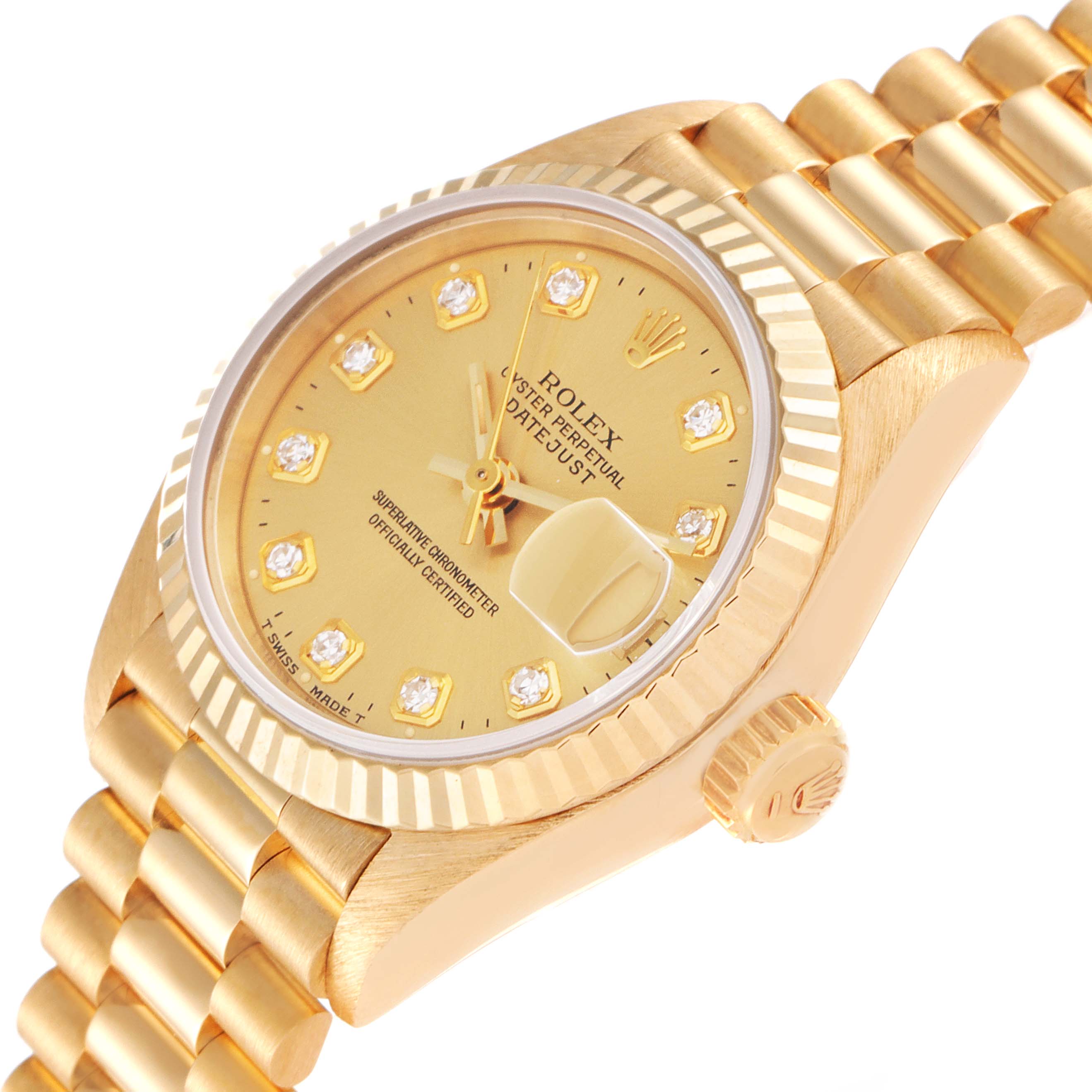 The image shows a close-up of the dial, case, and bracelet of a Rolex President 69178 Women
s Yellow Gold Champagne Dial 69178 Women
s Yellow Gold Champagne Dial model watch at an angled view.