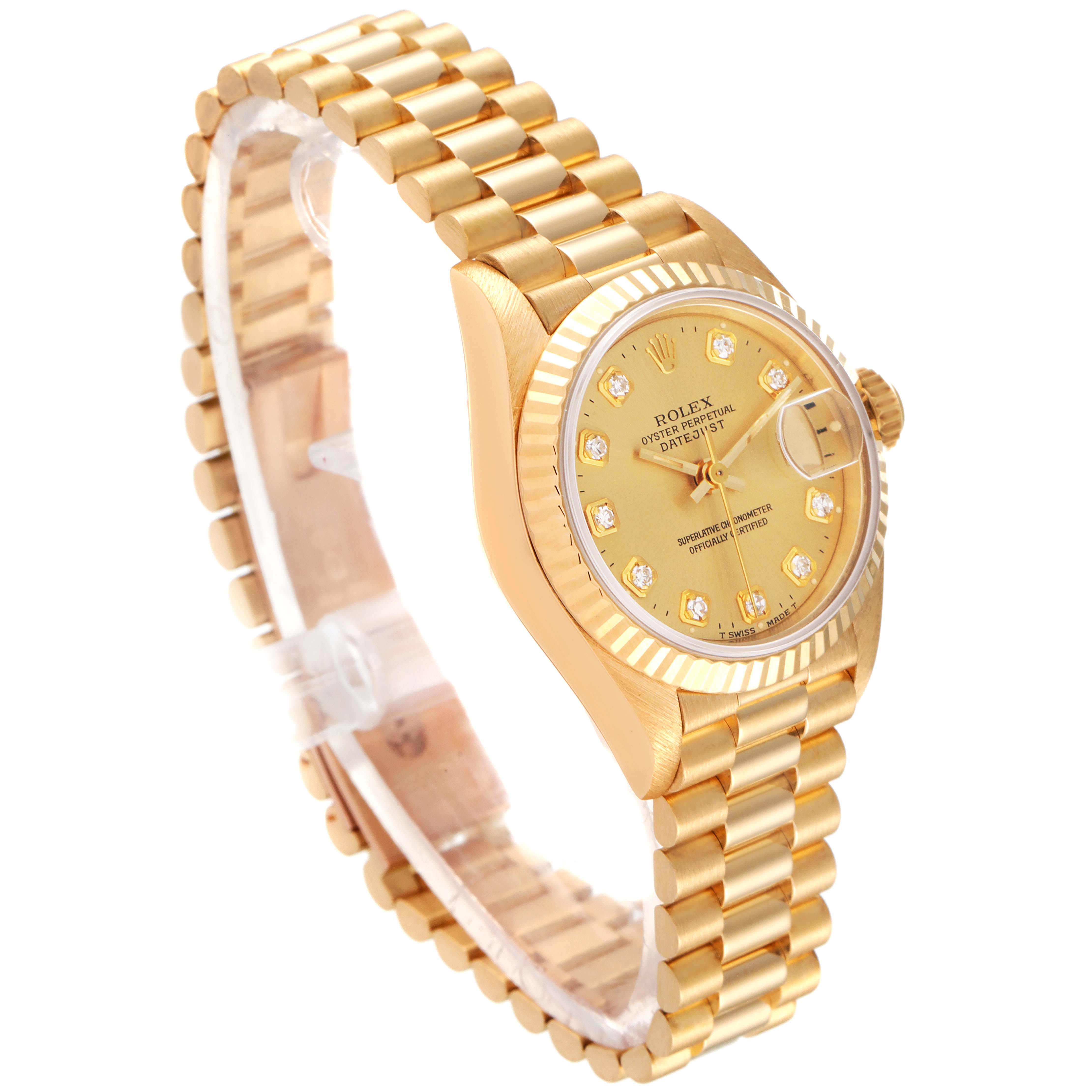 This image shows a Rolex President 69178 Women
s Yellow Gold Champagne Dial 69178 Women
s Yellow Gold Champagne Dial model from an angled side view, highlighting its gold band, dial, and bezel.
