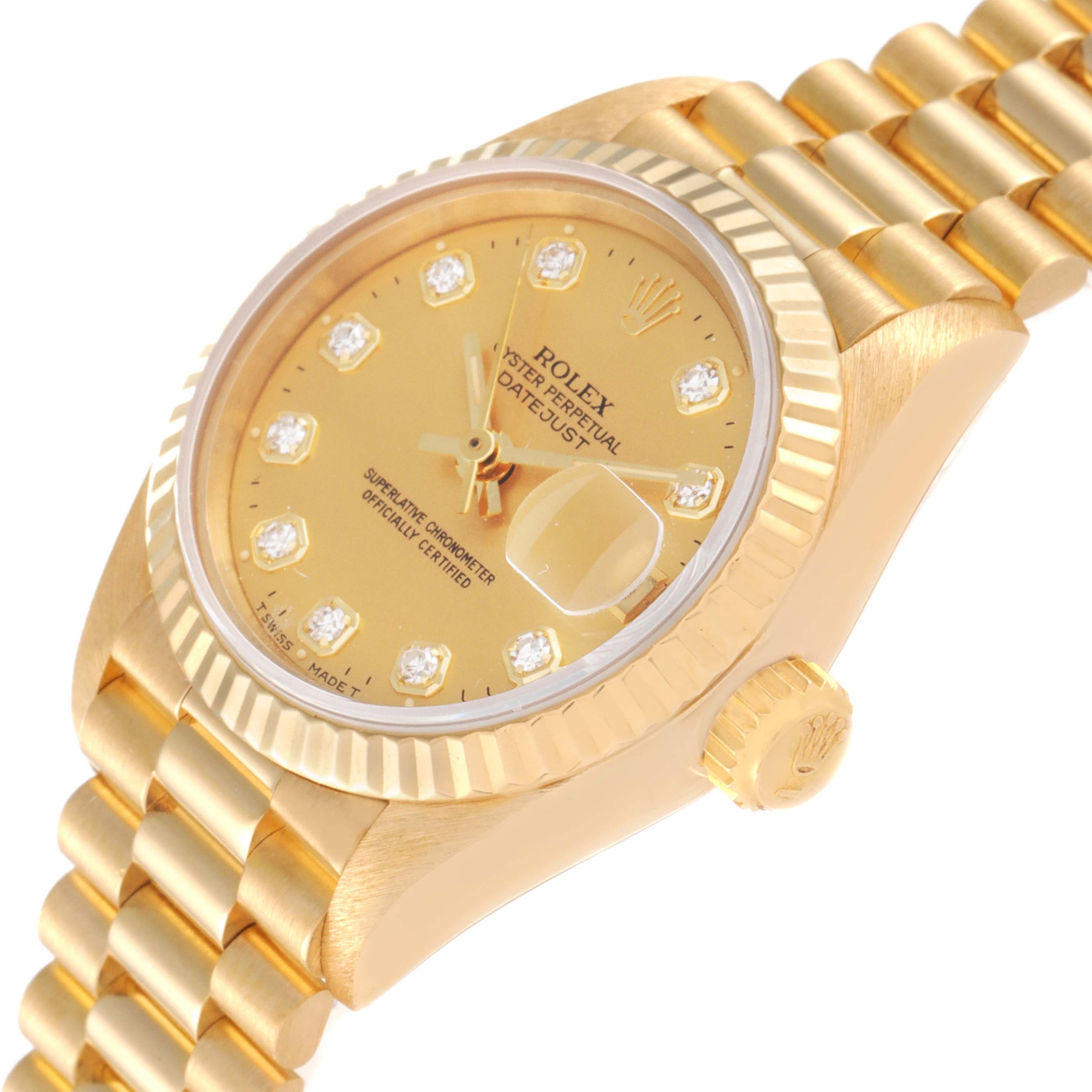 This image shows a close-up angle of the Rolex President 69178 Women
s Yellow Gold Champagne Dial 69178 Women
s Yellow Gold Champagne Dial model watch, highlighting the case, crown, dial, bezel, and bracelet.