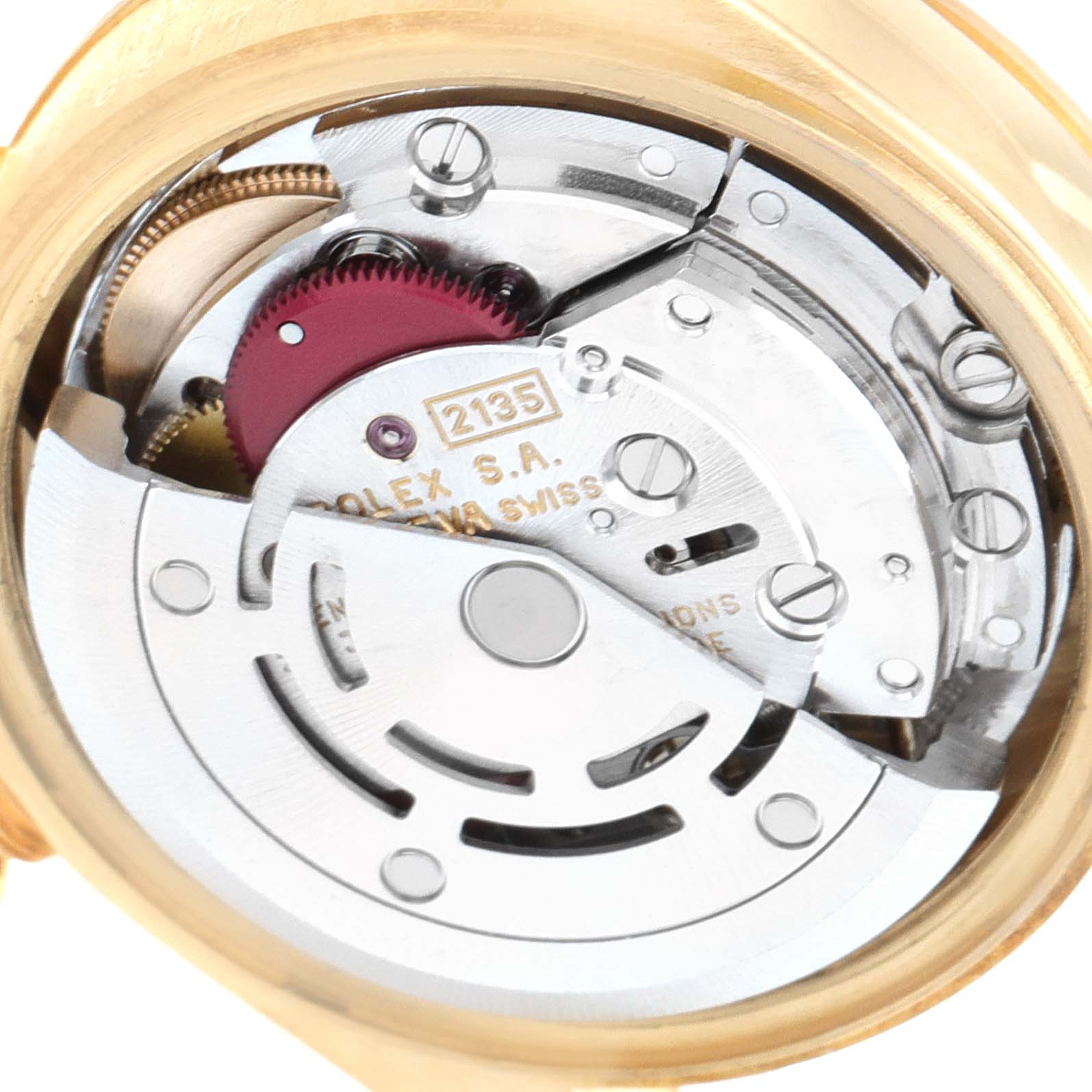 This close-up image shows the movement mechanism inside the Rolex President 69178 Women
s Yellow Gold Champagne Dial 69178 Women
s Yellow Gold Champagne Dial model watch.