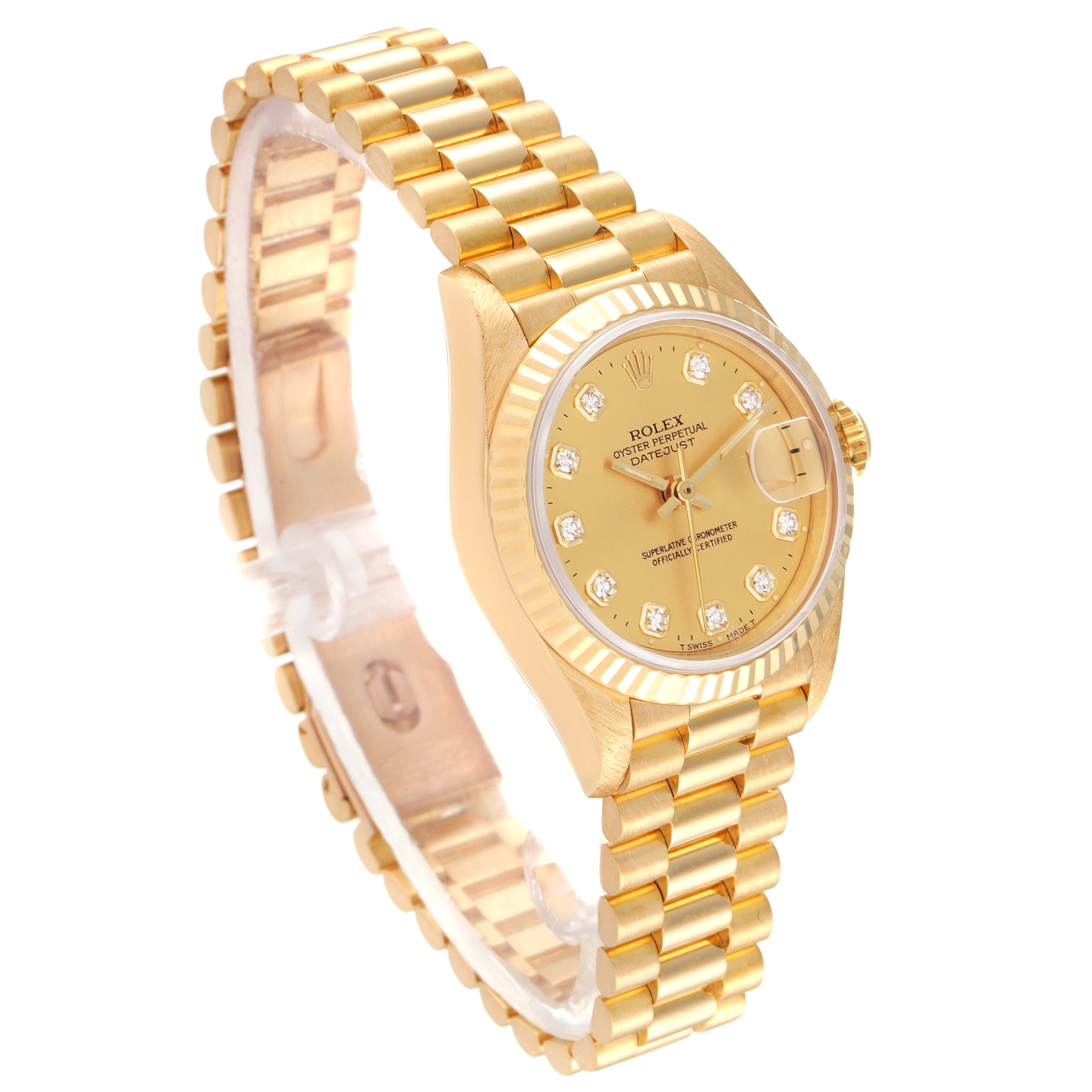 The image shows a Rolex President 69178 Women
s Yellow Gold Champagne Dial 69178 Women
s Yellow Gold Champagne Dial model watch from an angled view, highlighting its gold band and diamond-encrusted dial.