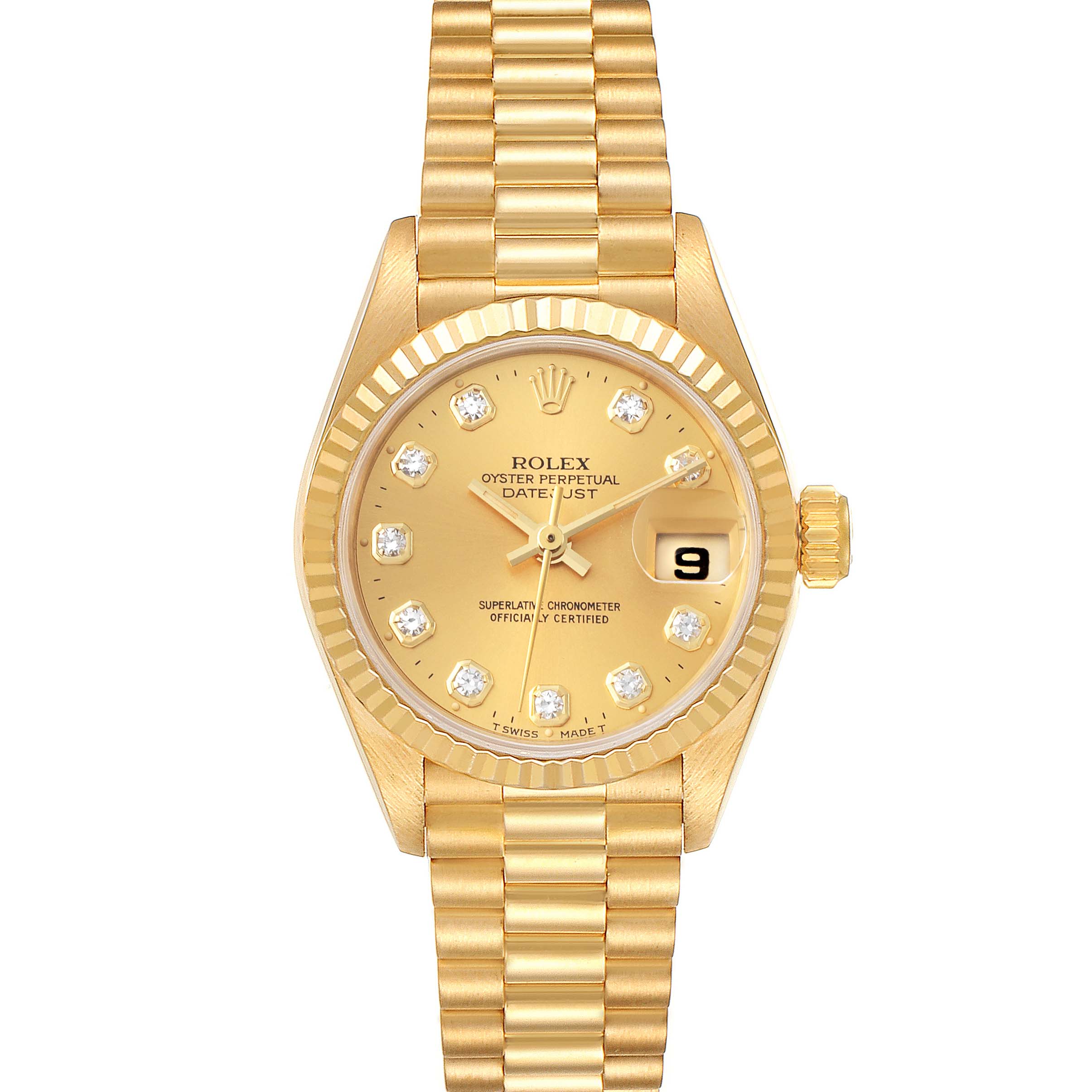 The image shows a front view of a Rolex President 69178 Women
s Yellow Gold Champagne Dial 69178 Women
s Yellow Gold Champagne Dial model watch, displaying the dial, date window, and bracelet.