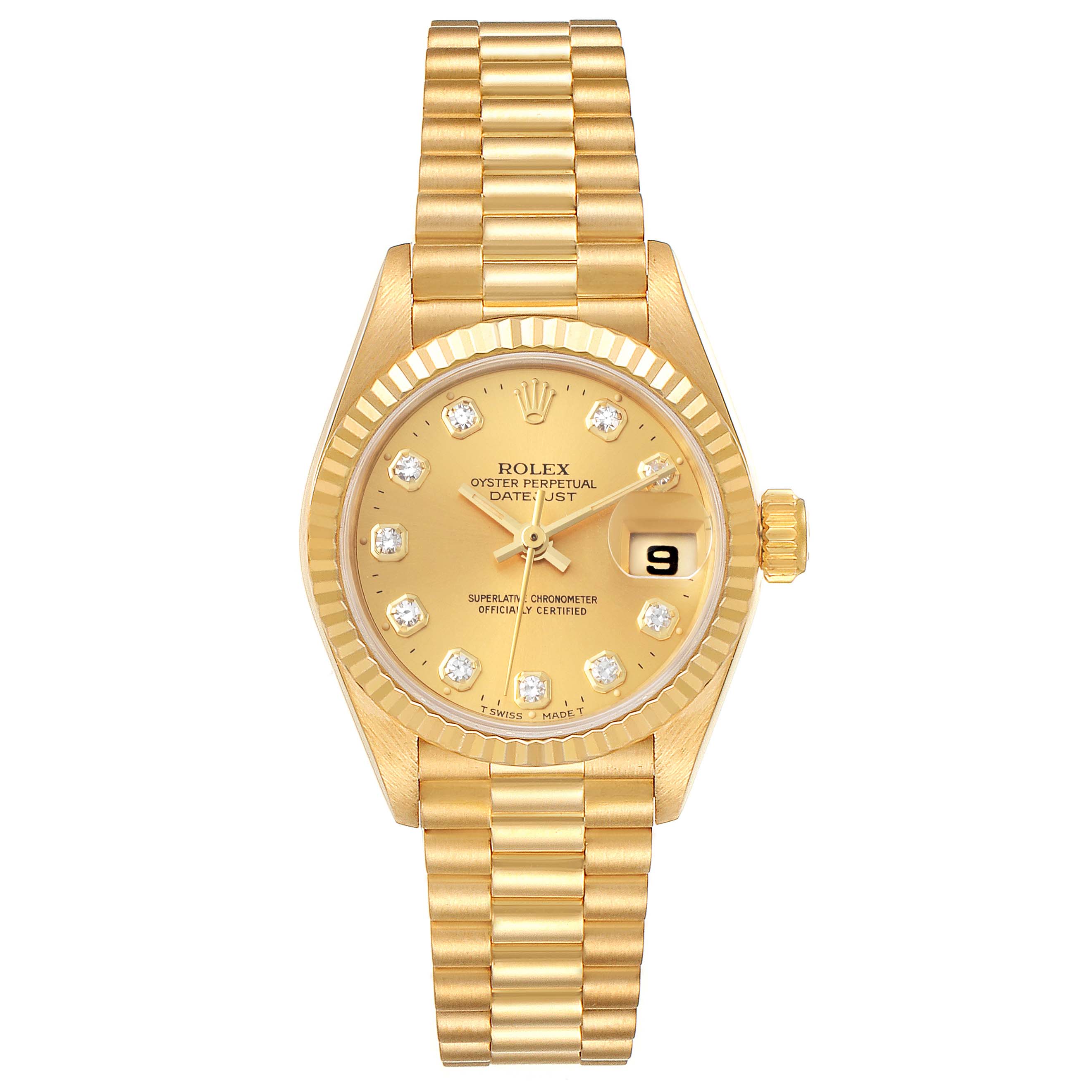 This image shows a Rolex President 69178 Women
s Yellow Gold Champagne Dial 69178 Women
s Yellow Gold Champagne Dial model watch, with the face, bezel, and bracelet in full view from a front angle.