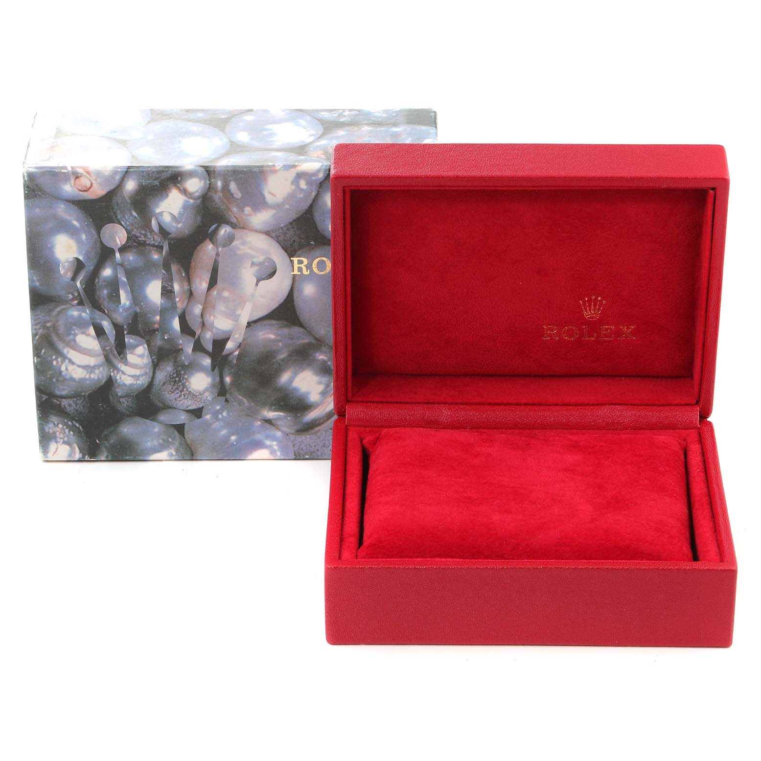 The image shows a Rolex President 69178 Women
s Yellow Gold Champagne Dial 69178 Women
s Yellow Gold Champagne Dial model watch box with a red interior and an outer box featuring a pearl-like design.