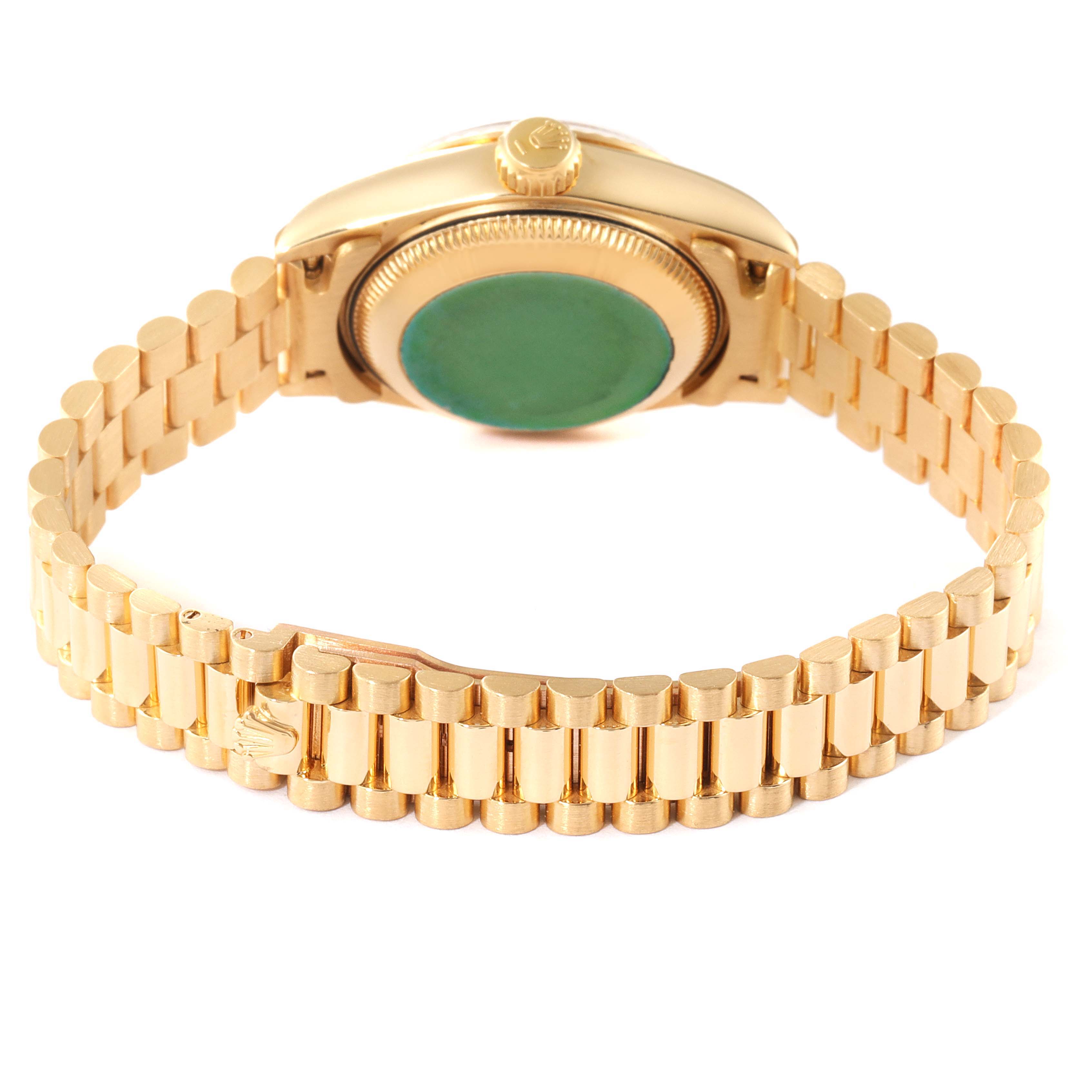 The image shows the back case, crown, and bracelet of the Rolex President 69178 Women
s Yellow Gold Champagne Dial 69178 Women
s Yellow Gold Champagne Dial model watch.