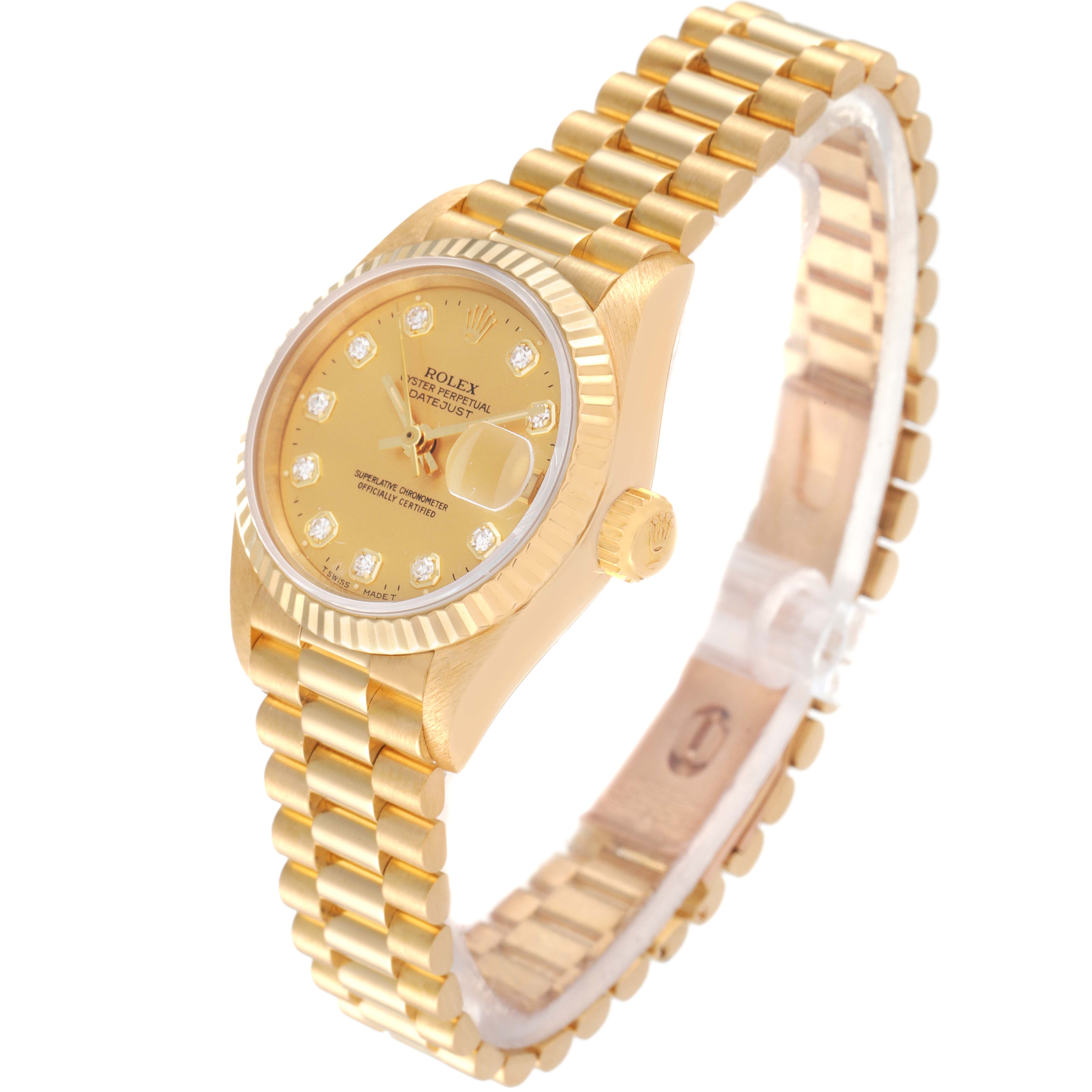 The image shows a Rolex President 69178 Women
s Yellow Gold Champagne Dial 69178 Women
s Yellow Gold Champagne Dial model watch at a three-quarter angle, highlighting the dial, bezel, crown, and bracelet.